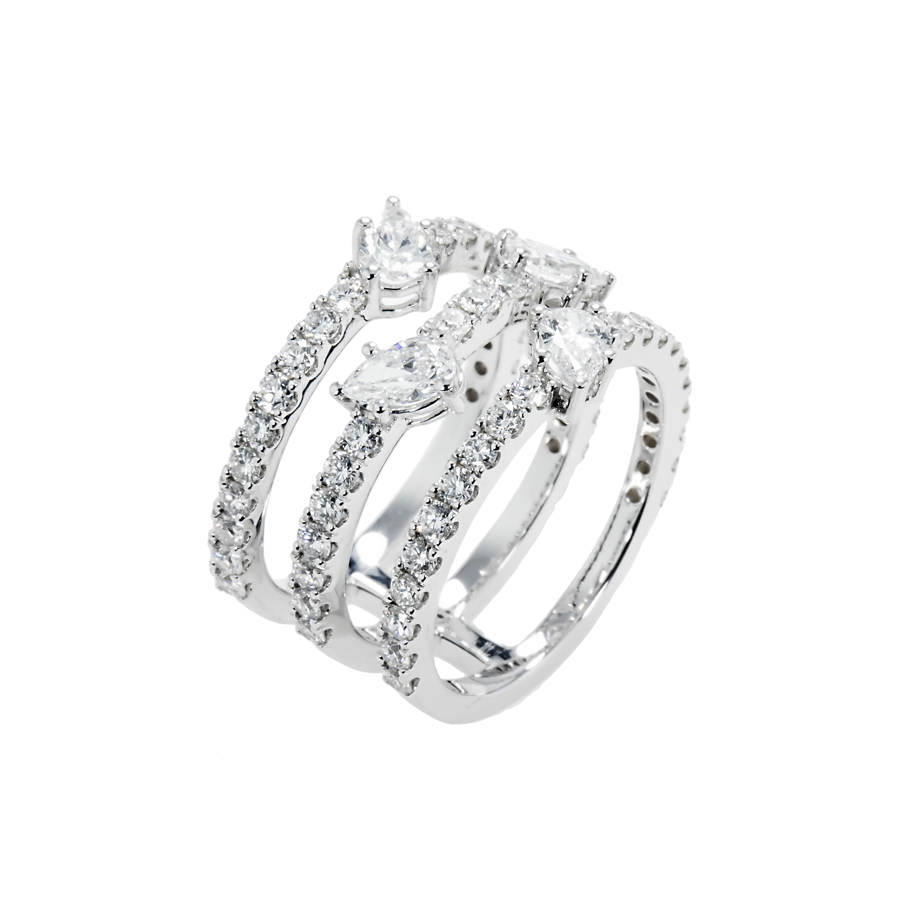 18K White Gold Triple Row Round & Pear Cut Diamond Ring 2.14Ct Rings