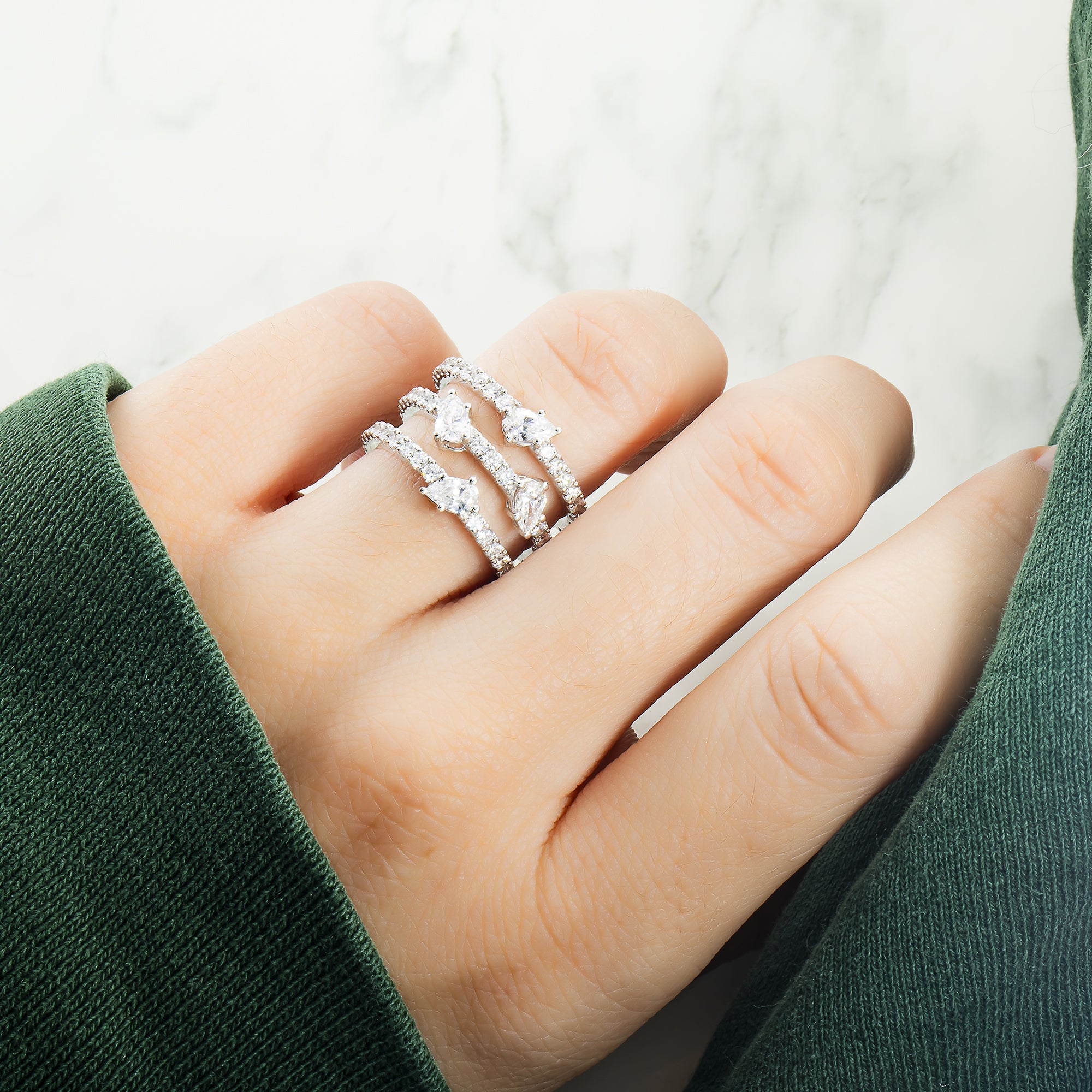 18K White Gold Triple Row Round & Pear Cut Diamond Ring 2.14Ct Rings
