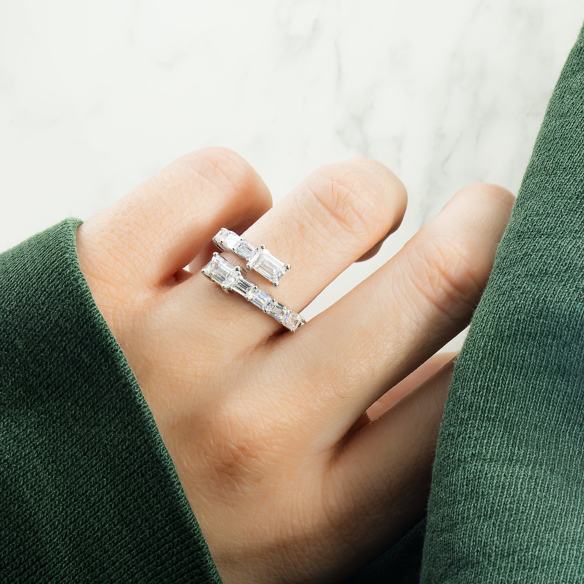 14K White Gold Emerald Cut Diamond Wrap Ring 2.96Ct Rings