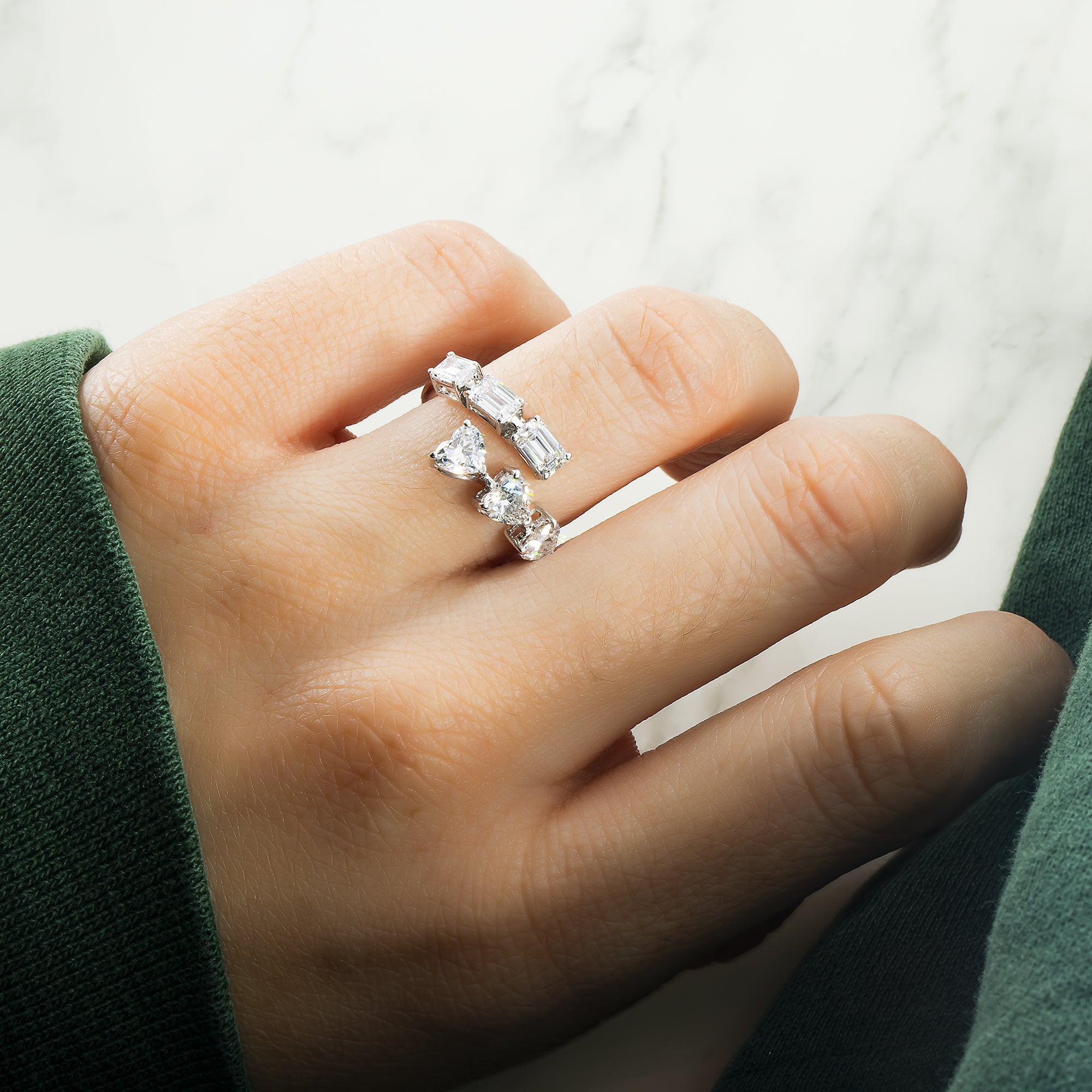 14K White Gold Heart & Emerald Cut Wrap Ring 2.05Ct Rings