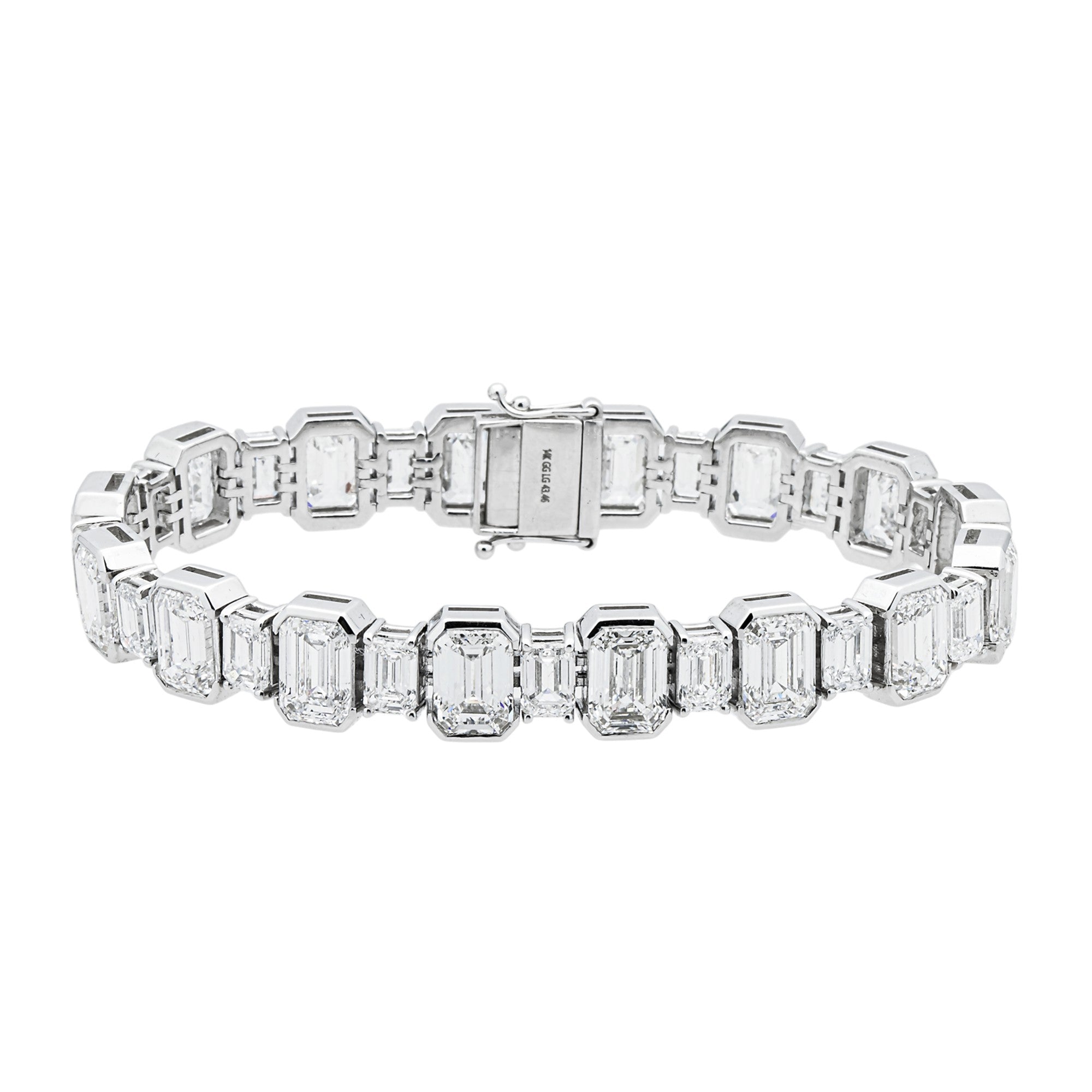 14K White Gold Alternating Bezel Set Emerald Diamond Bracelet 43.46ct