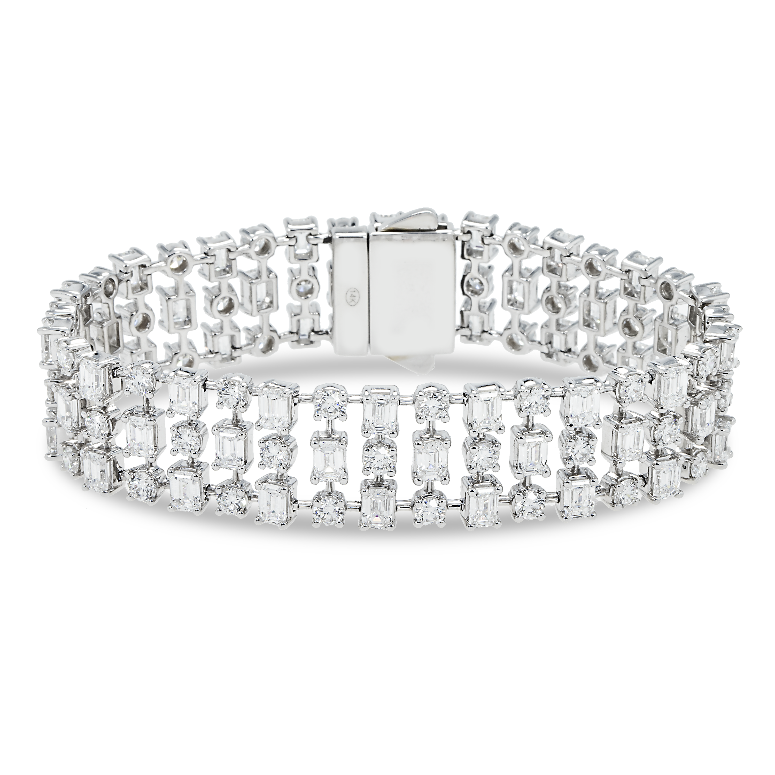 18K White Gold Round & Emerald Cut Triple Row Diamond Bracelet 19.95Ctw Bracelets