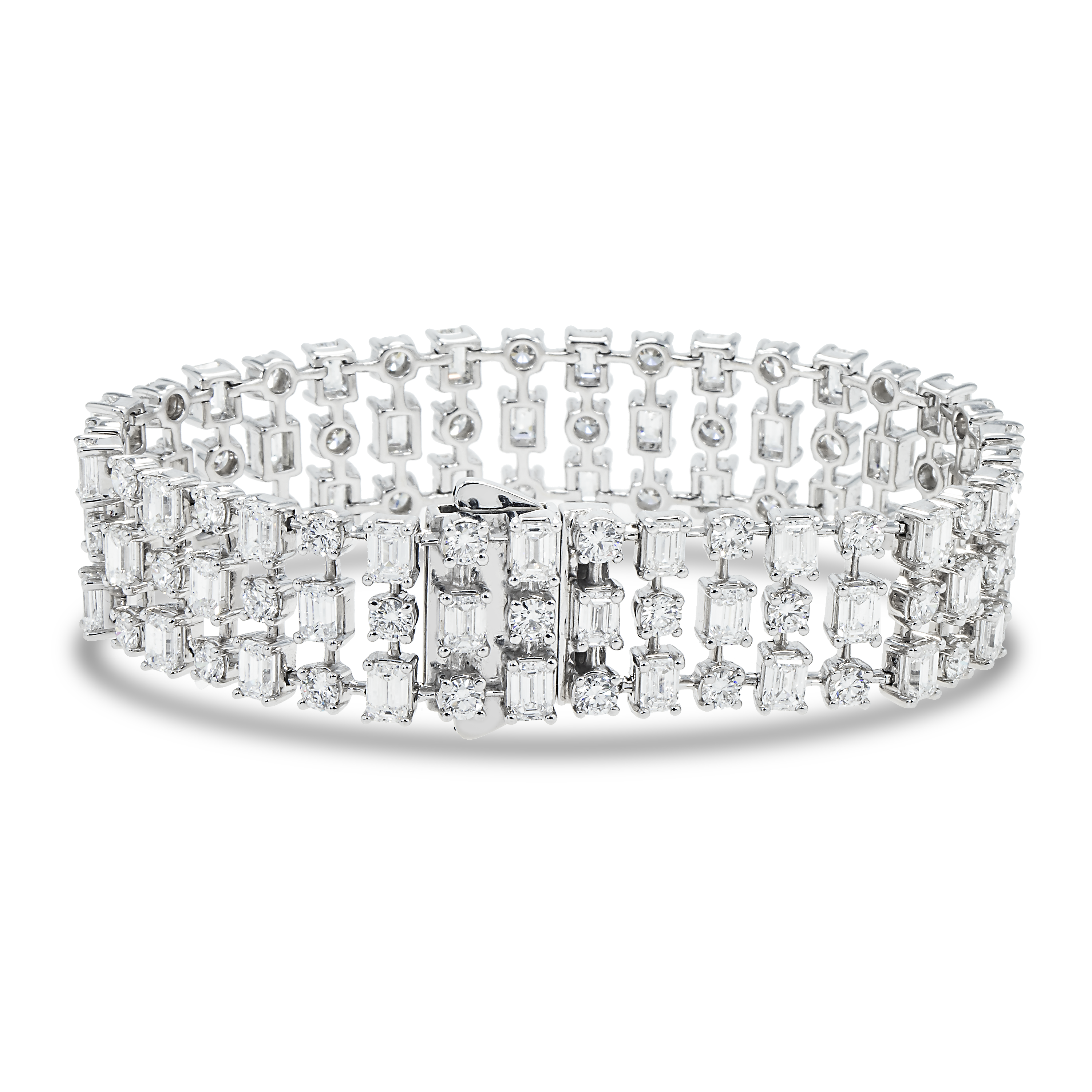 18K White Gold Round & Emerald Cut Triple Row Diamond Bracelet 19.95Ctw Bracelets