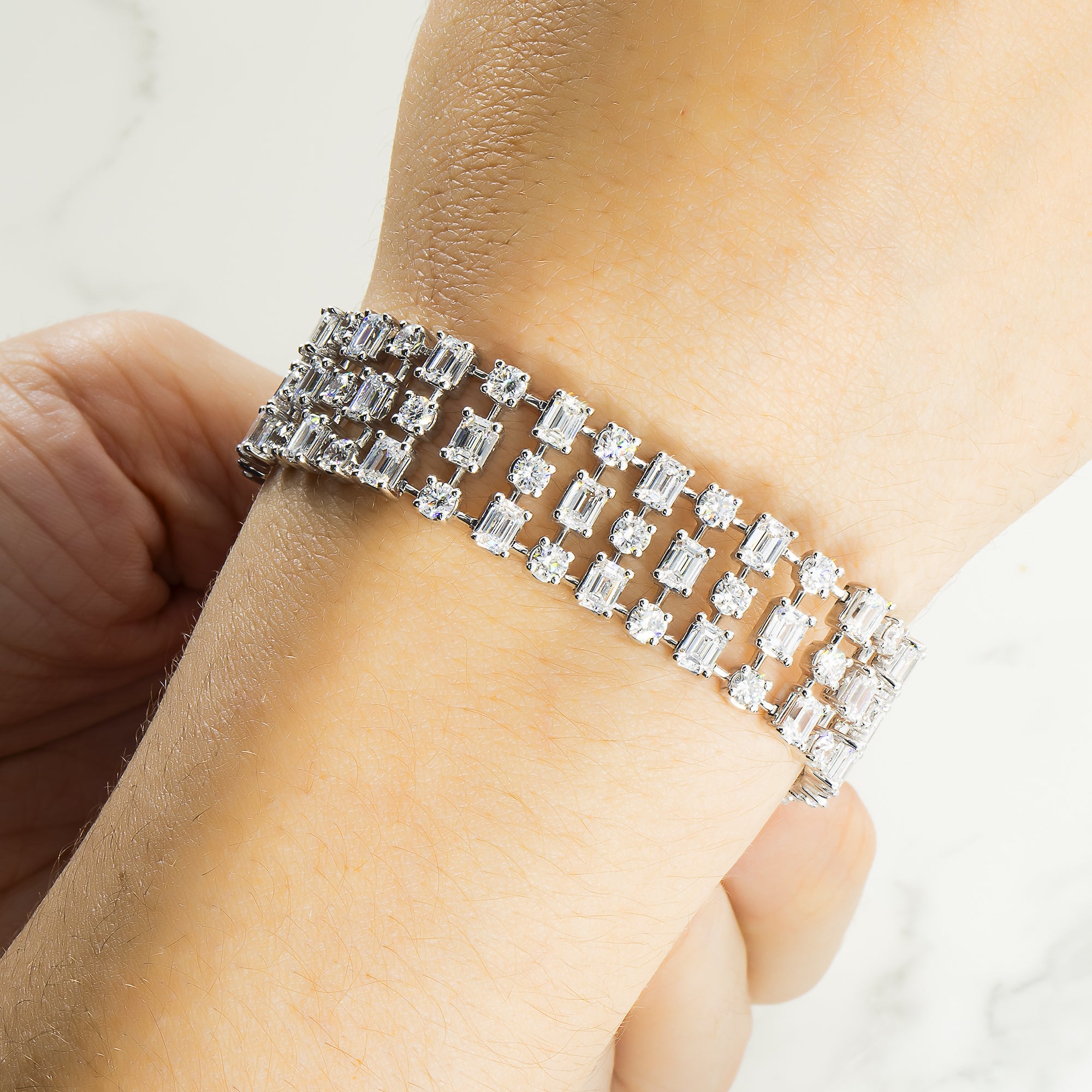 18K White Gold Round & Emerald Cut Triple Row Diamond Bracelet 19.95Ctw Bracelets