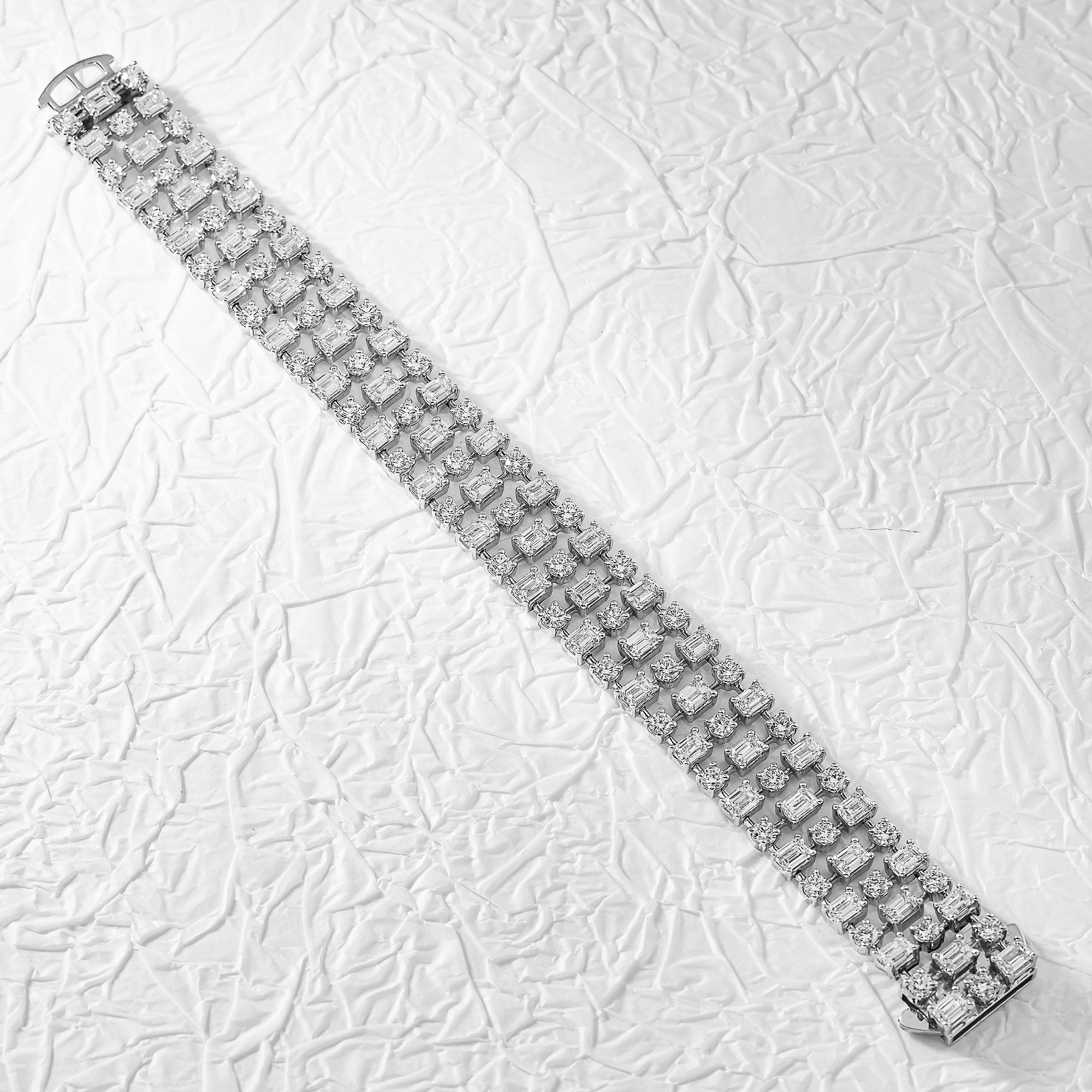 18K White Gold Round & Emerald Cut Triple Row Diamond Bracelet 19.95Ctw Bracelets