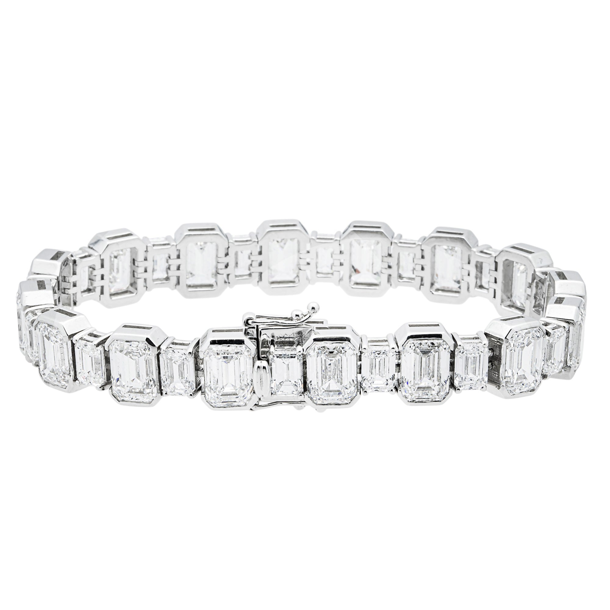 14K White Gold Alternating Bezel Set Emerald Diamond Bracelet 43.46ct