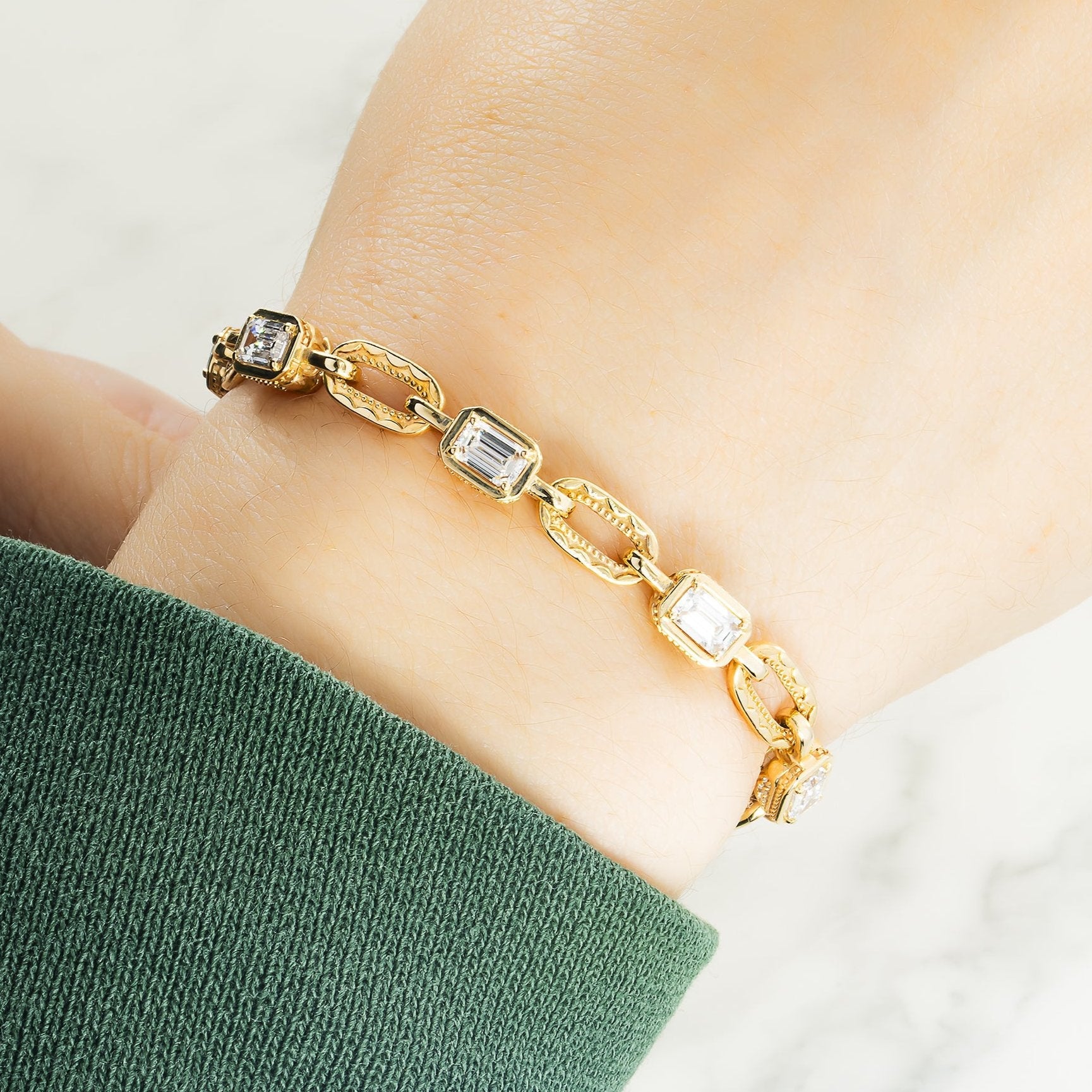 14K Yellow Gold Emerald Cut Paper Clip Link Bracelet 4.06Ct Bracelets