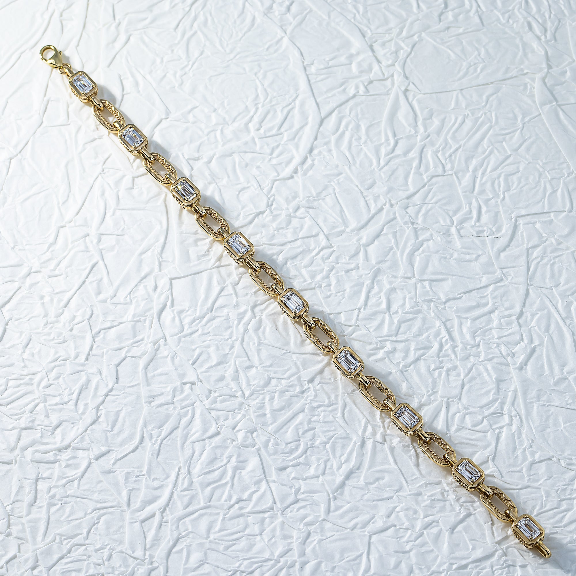 14K Yellow Gold Emerald Cut Paper Clip Link Bracelet 4.06Ct Bracelets