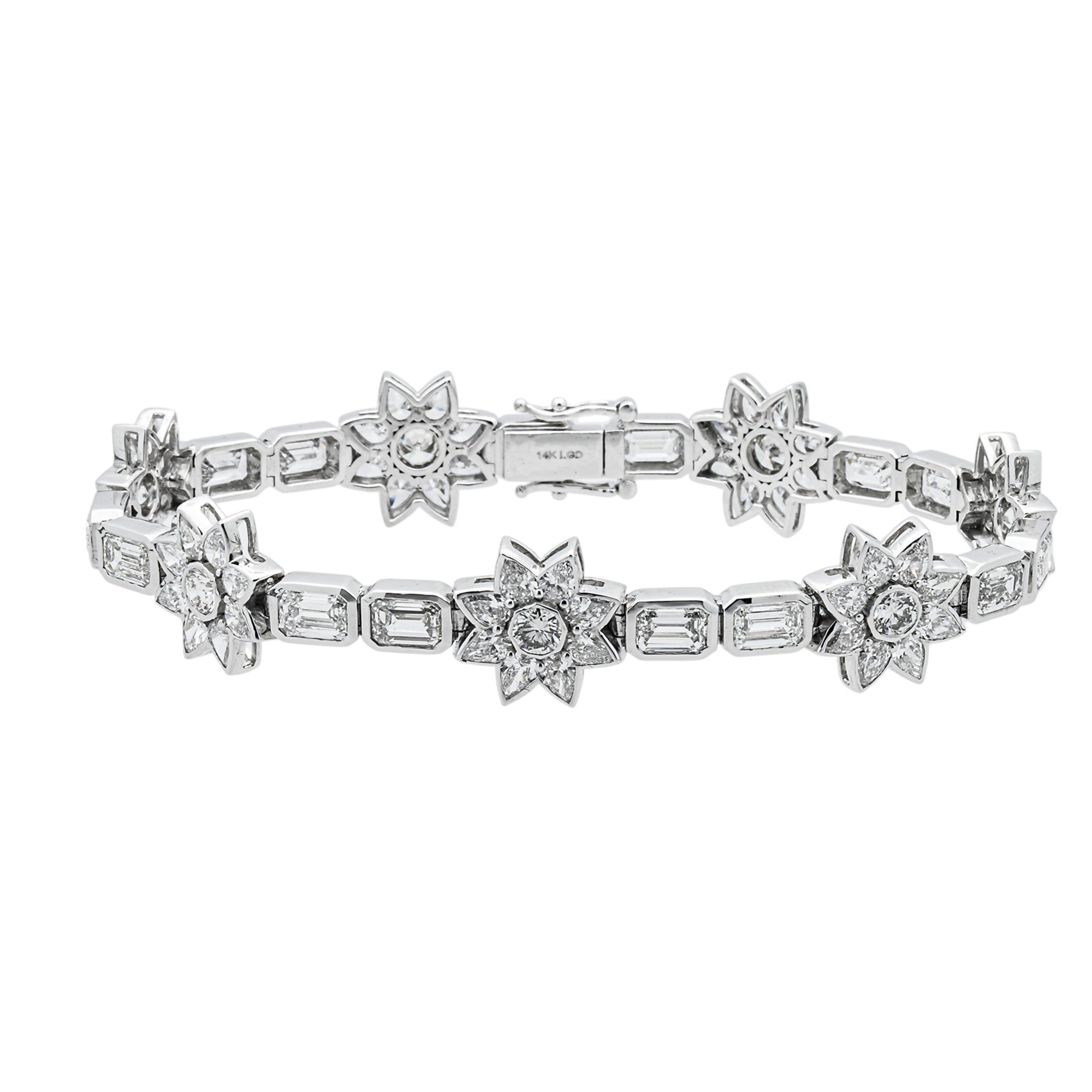 14K White Gold Multi Shape Diamond Flower Bracelet 19.60ct