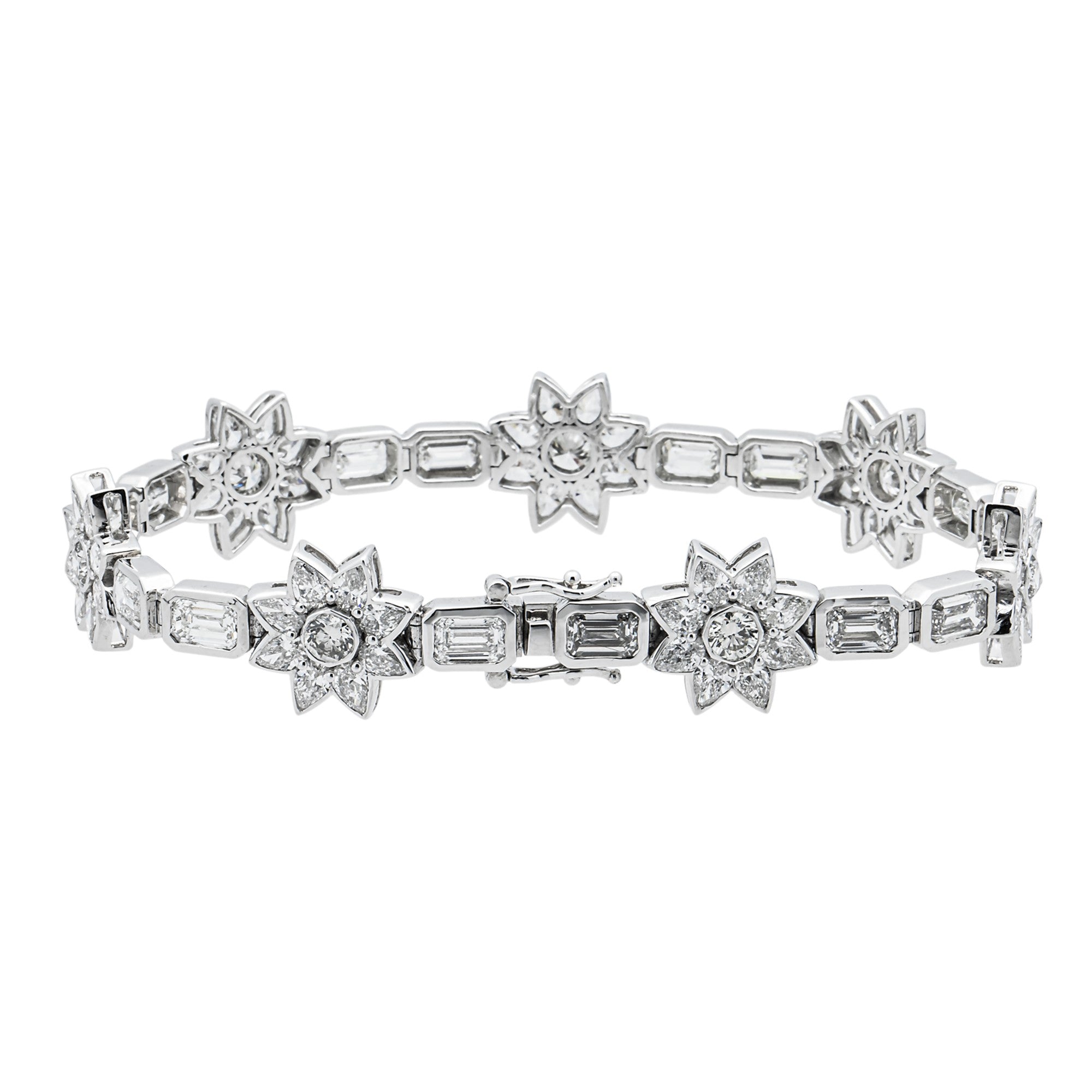 14K White Gold Multi Shape Diamond Flower Bracelet 19.60ct