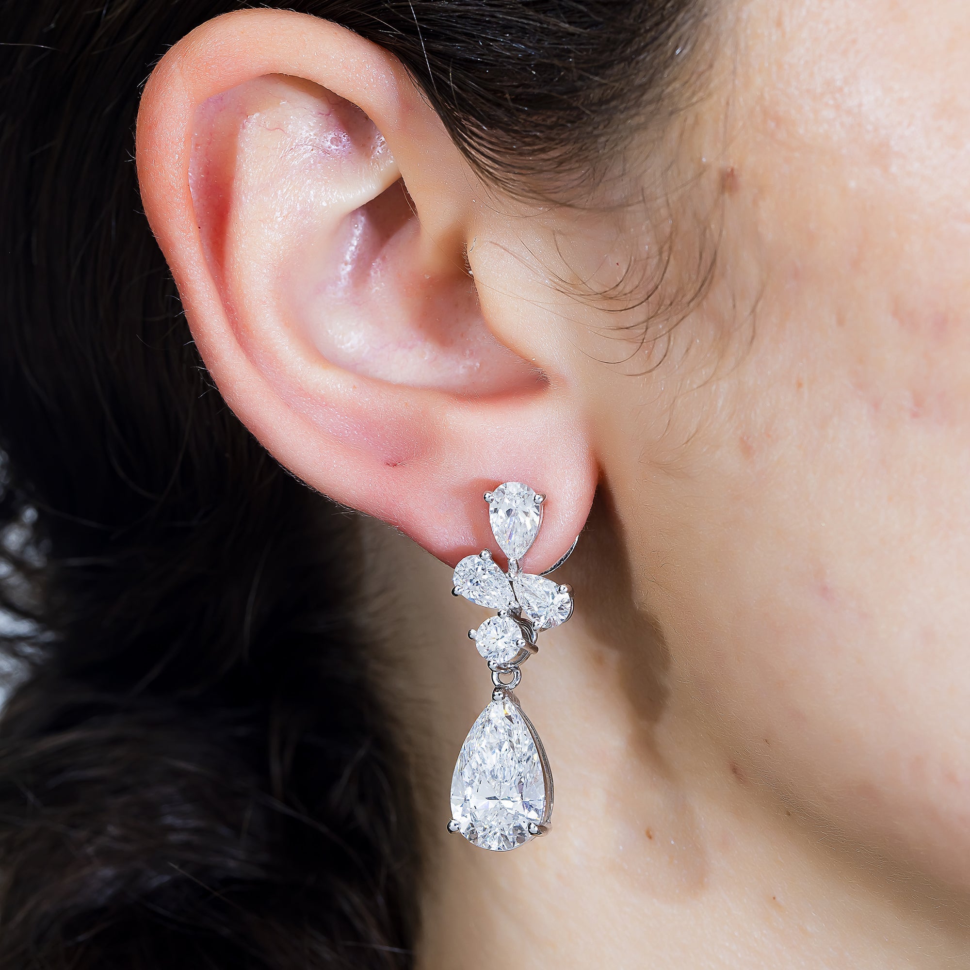 18K White Gold Pear & Round Cut Diamond Drop Earrings 14.34Ctw