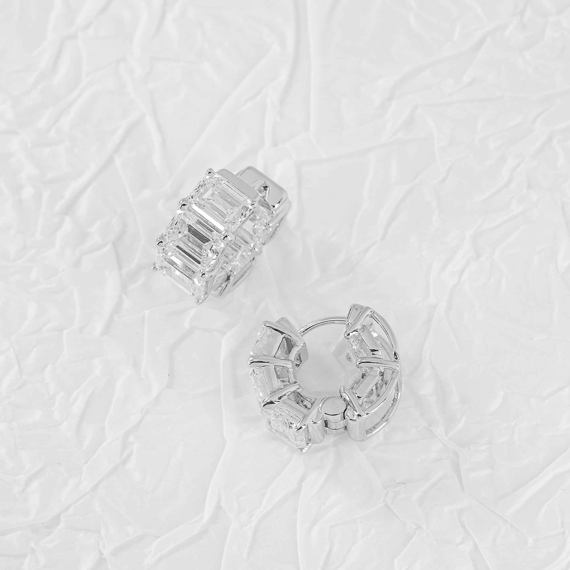 14K White Gold Emerald Cut Diamond Mini Hoops Earrings 10.0Ctw