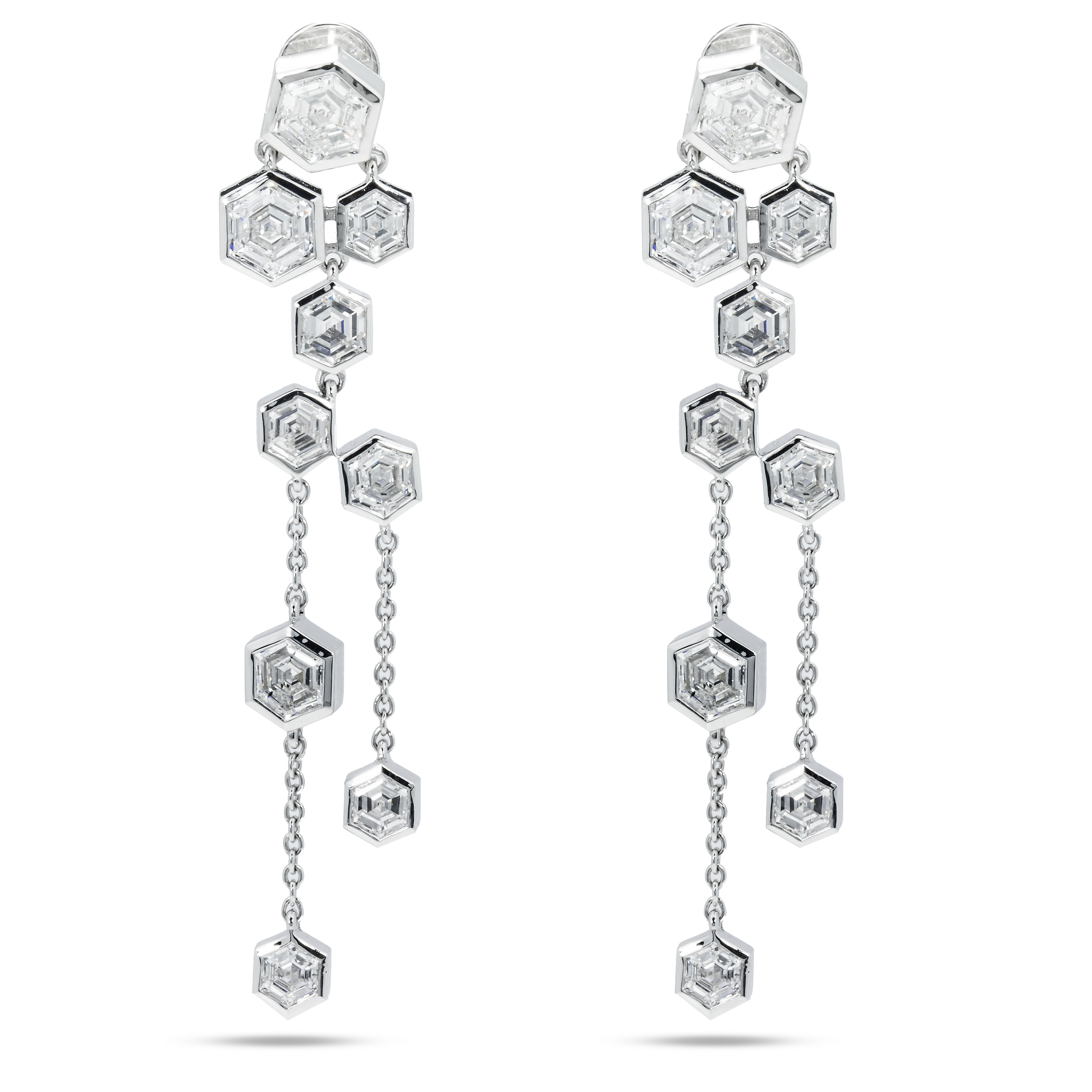 14K White Gold Hexagonal Diamond Geometric Drop Earrings 9.06Ctw