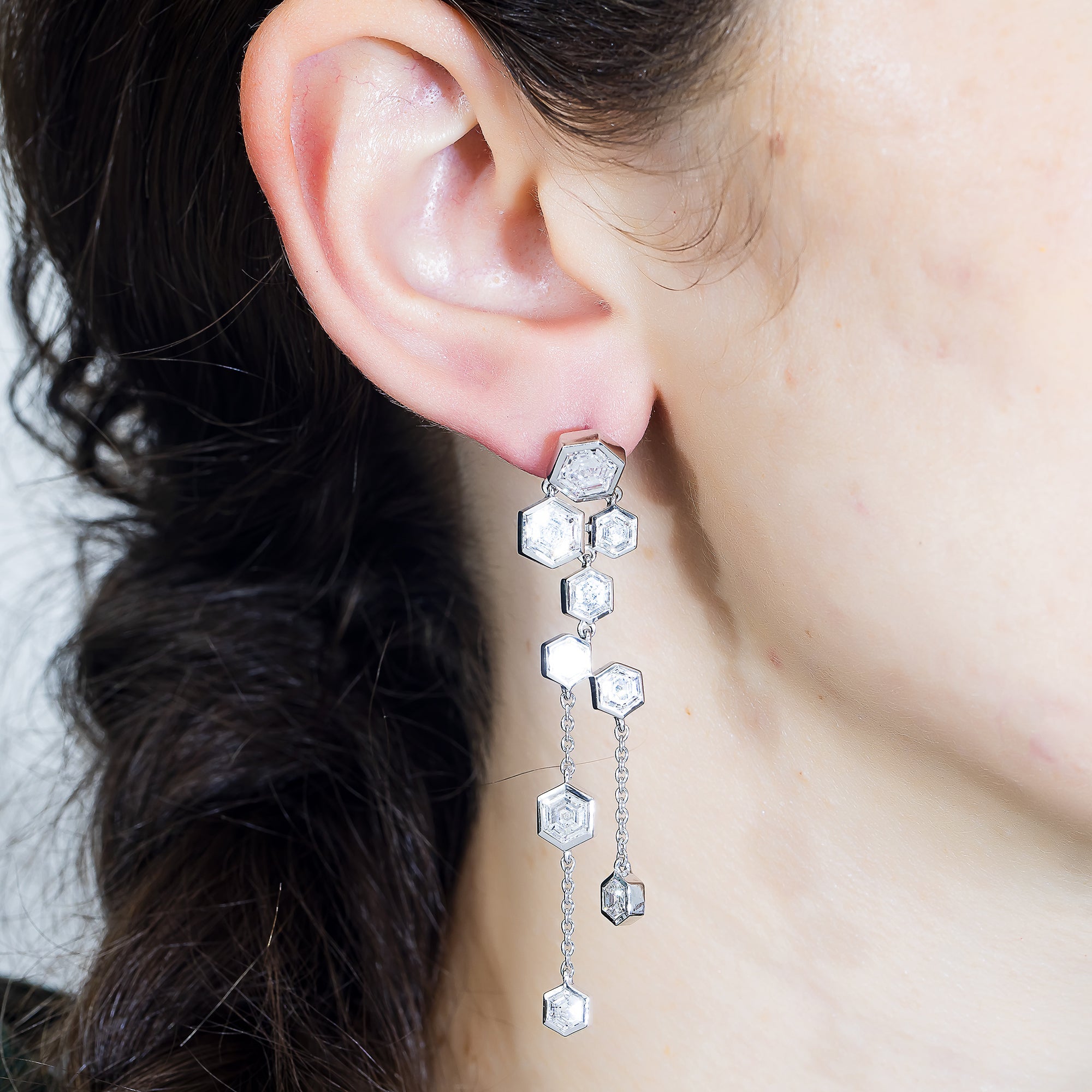 14K White Gold Hexagonal Diamond Geometric Drop Earrings 9.06Ctw