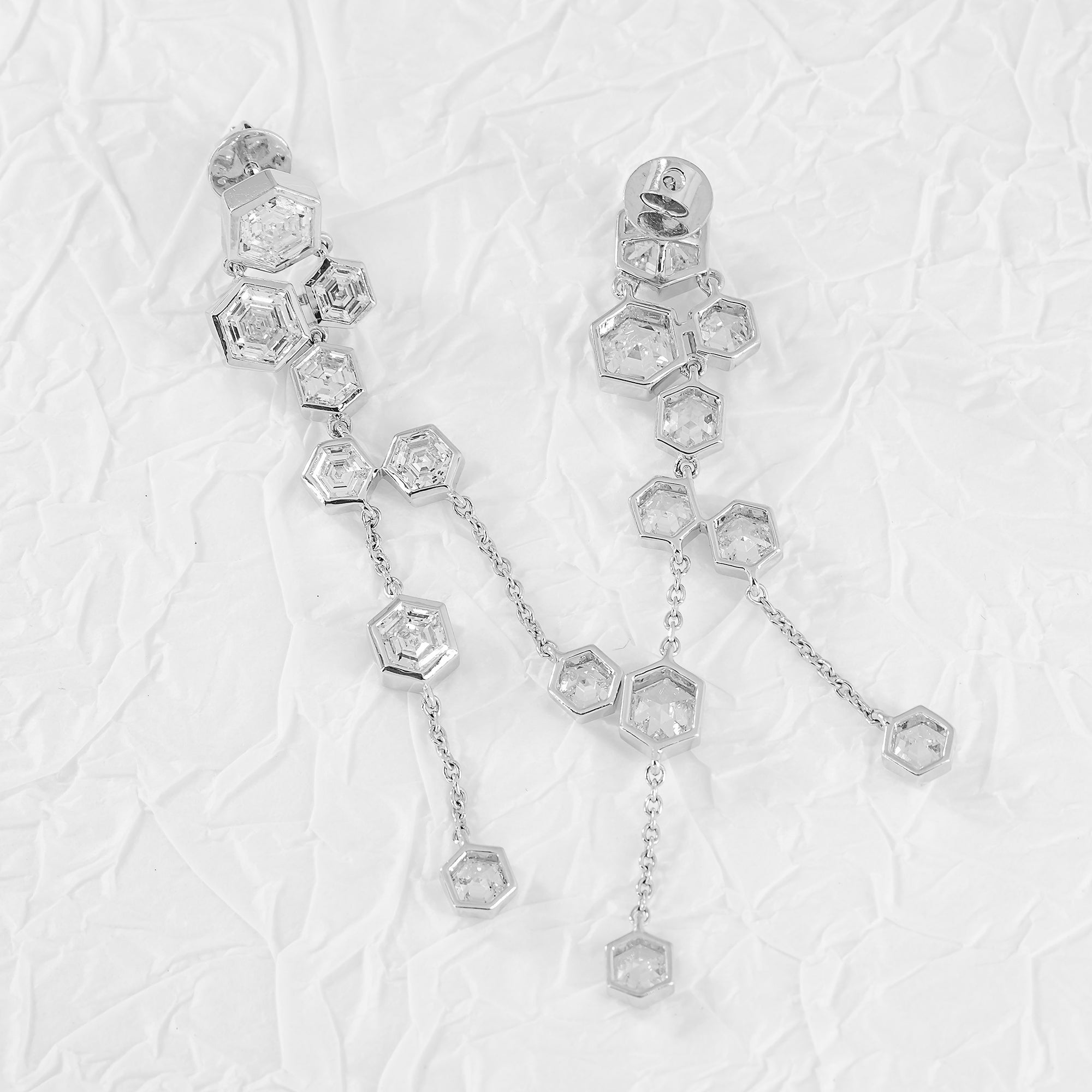 14K White Gold Hexagonal Diamond Geometric Drop Earrings 9.06Ctw