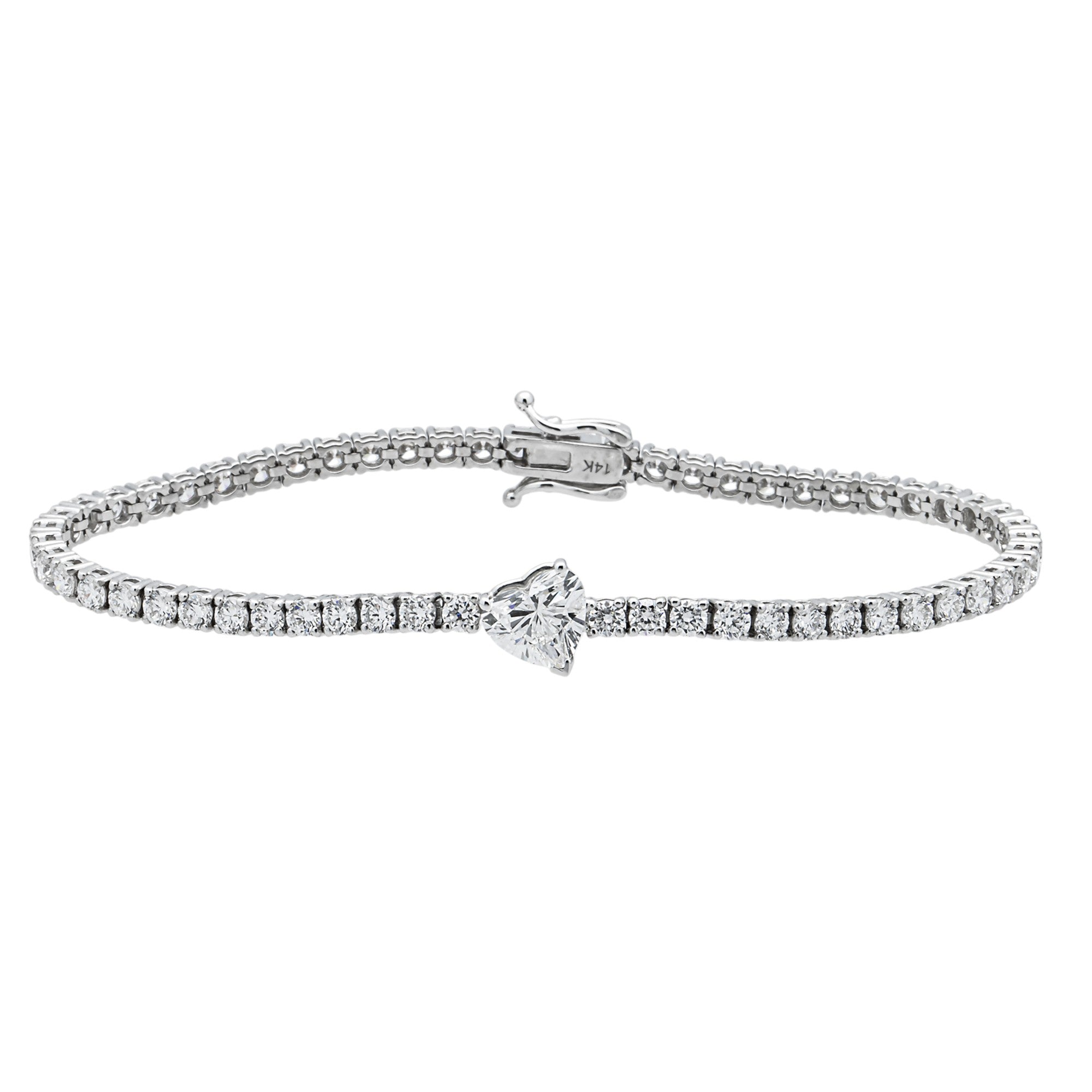 14K White Gold Heart & Round Diamond Tennis Bracelet 6.67ct