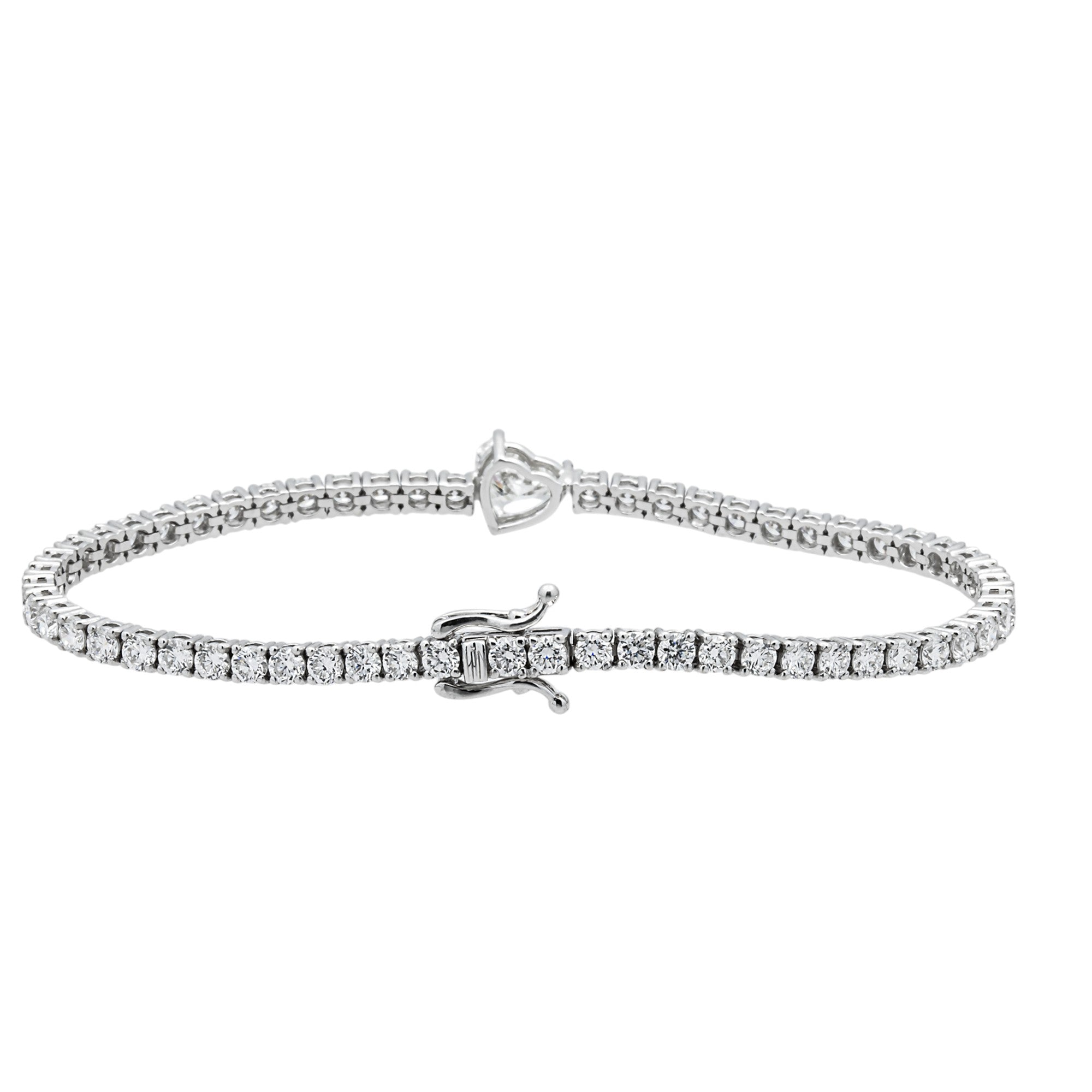 14K White Gold Heart & Round Diamond Tennis Bracelet 6.67ct