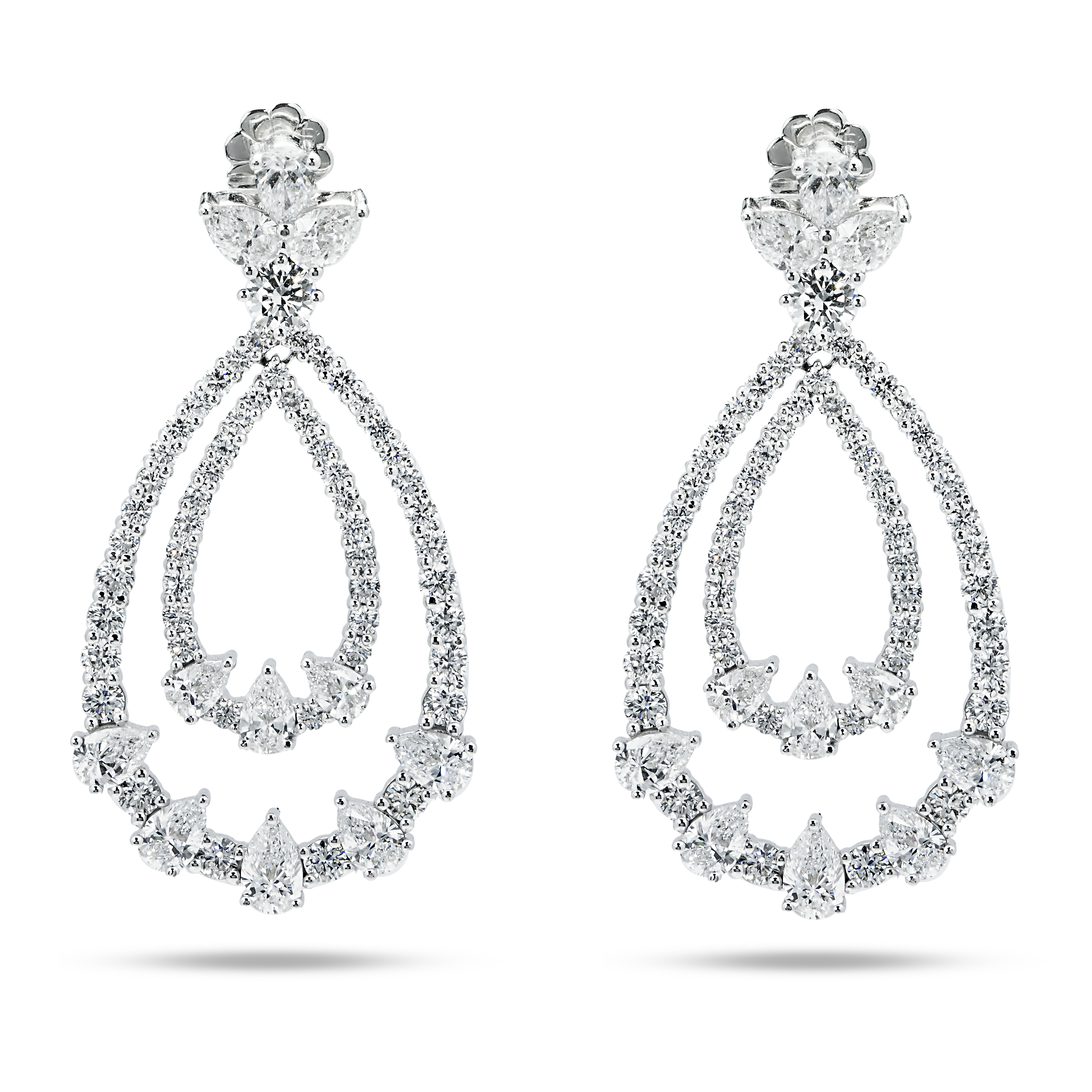 18K White Gold Double Teardrop Pear & Round Cut Diamond Earrings 10.26Ctw
