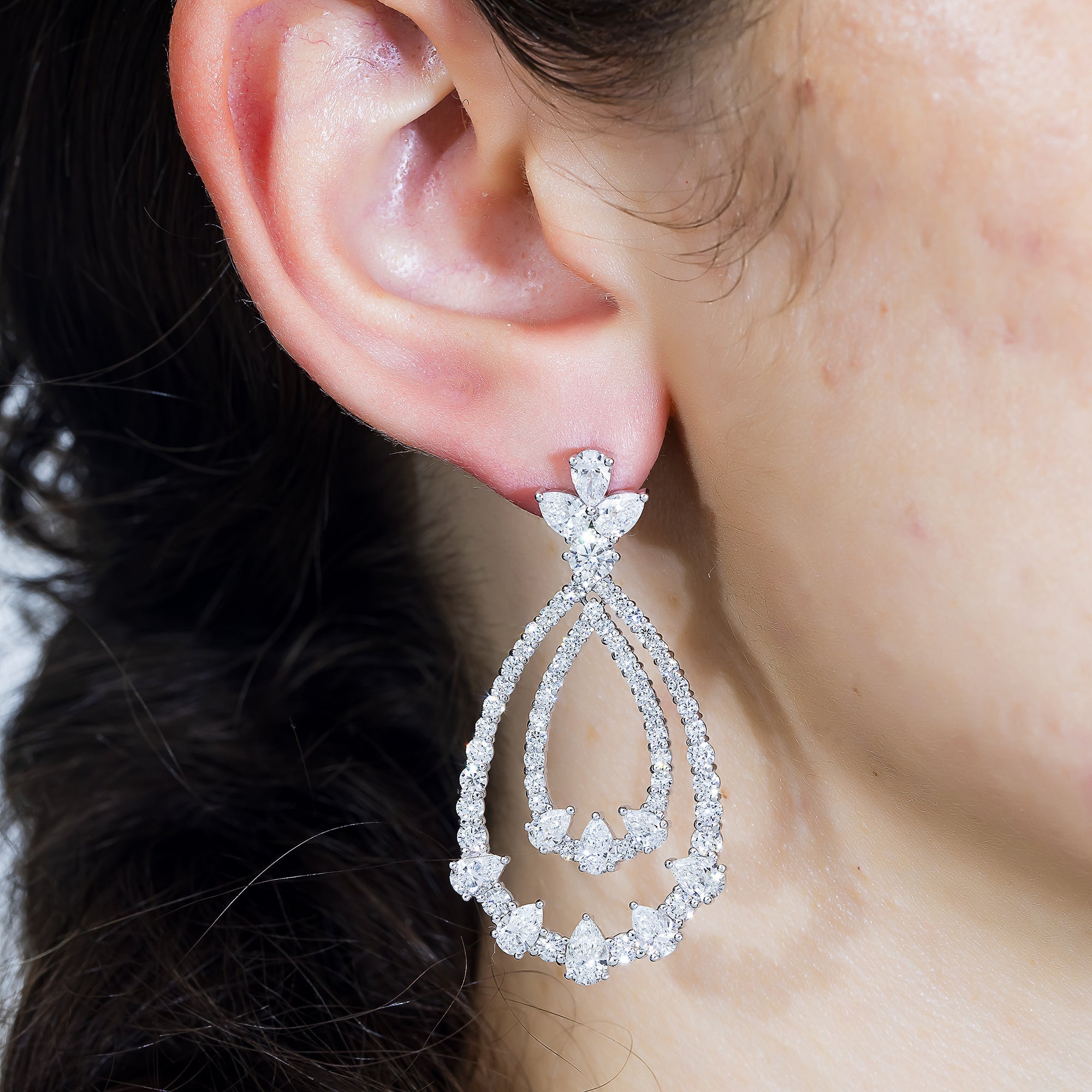 18K White Gold Double Teardrop Pear & Round Cut Diamond Earrings 10.26Ctw