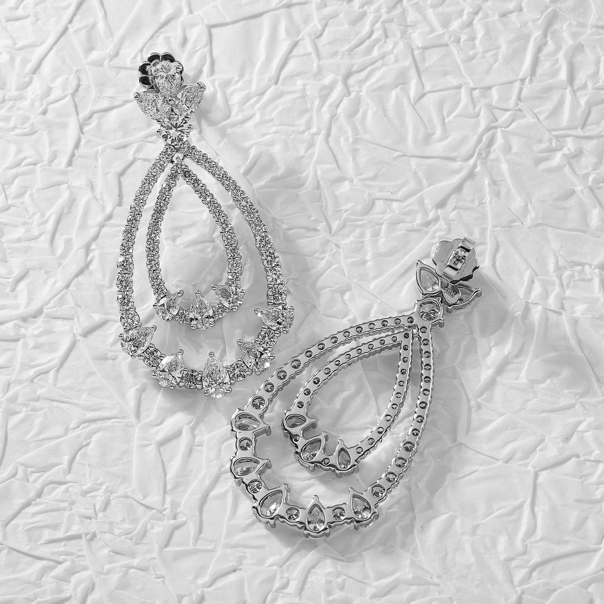 18K White Gold Double Teardrop Pear & Round Cut Diamond Earrings 10.26Ctw