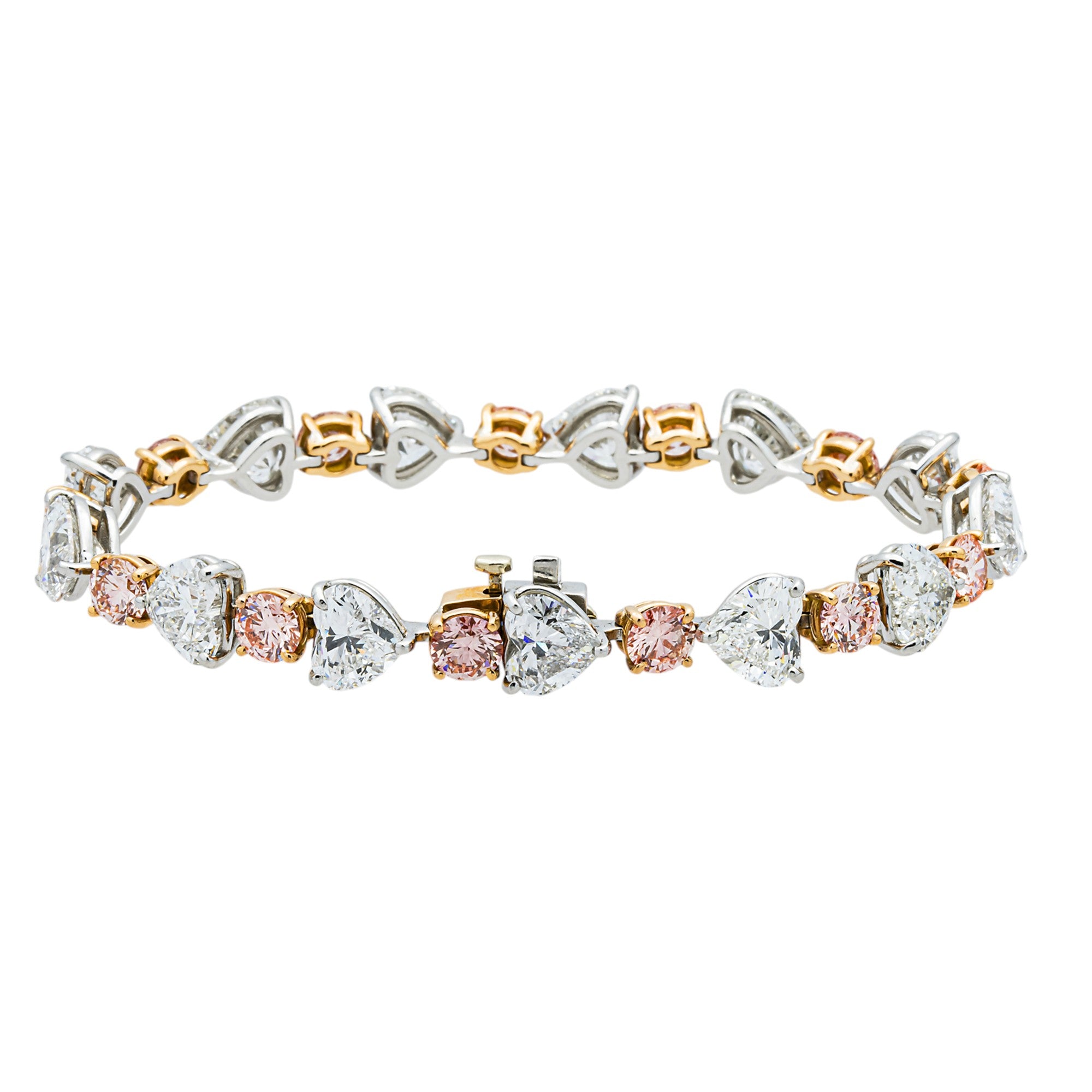 IGI Platinum & 18K Gold Round Fancy Pink & Heart White Diamond Satellite Bracelet 26.55ctw