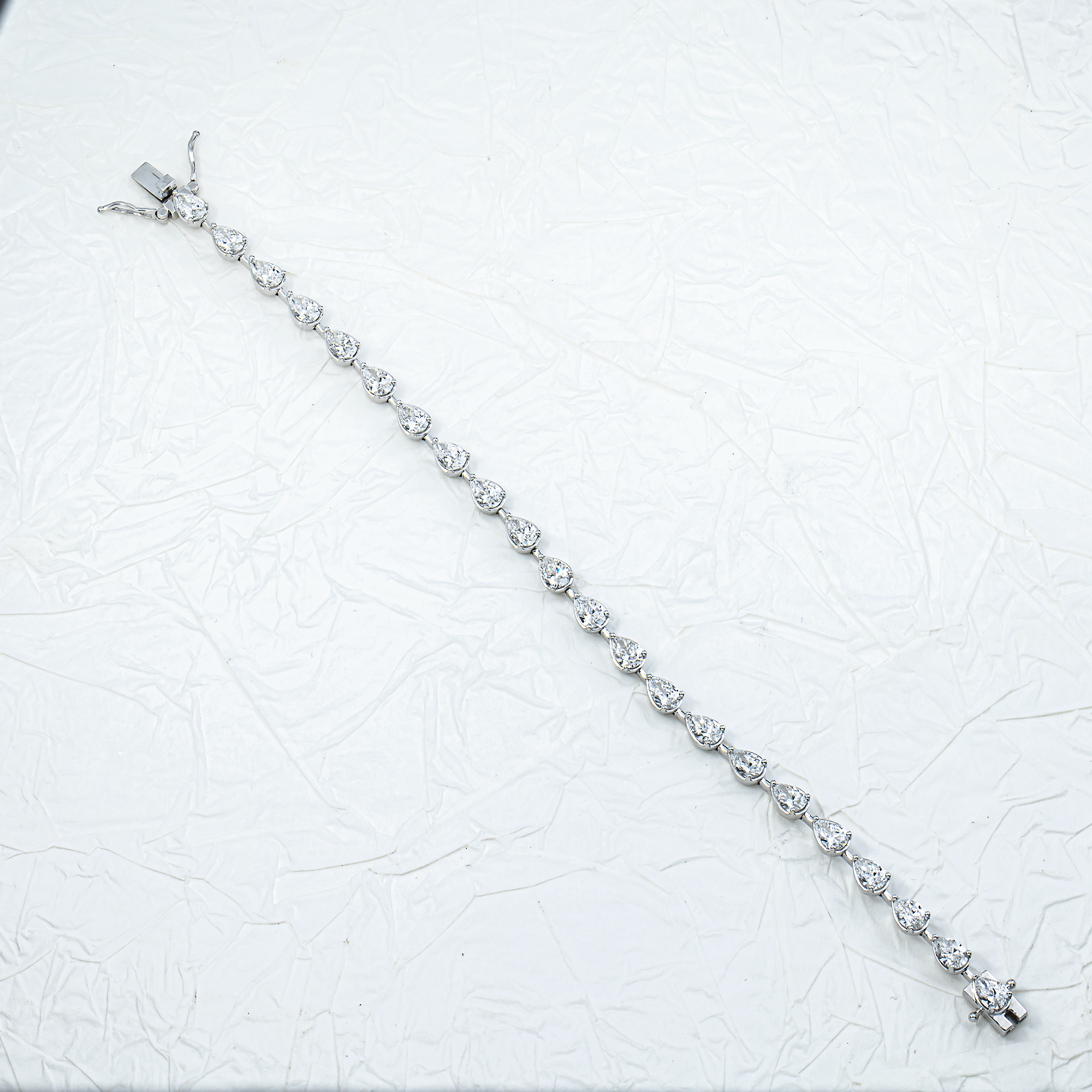 14K White Gold Bezel Set Pear Diamond Satellite Bracelet 6.84ct