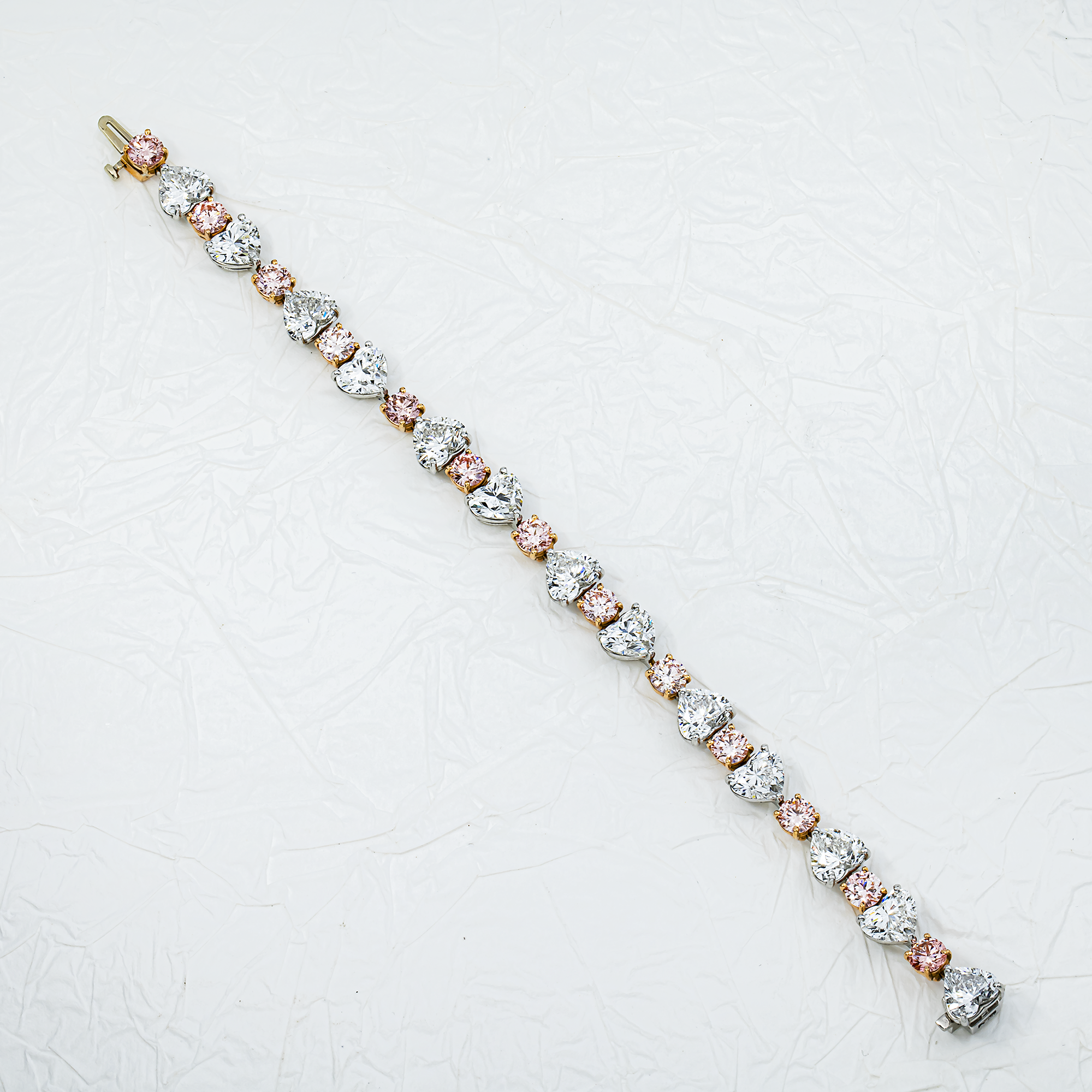 IGI Platinum & 18K Gold Round Fancy Pink & Heart White Diamond Satellite Bracelet 26.55ctw