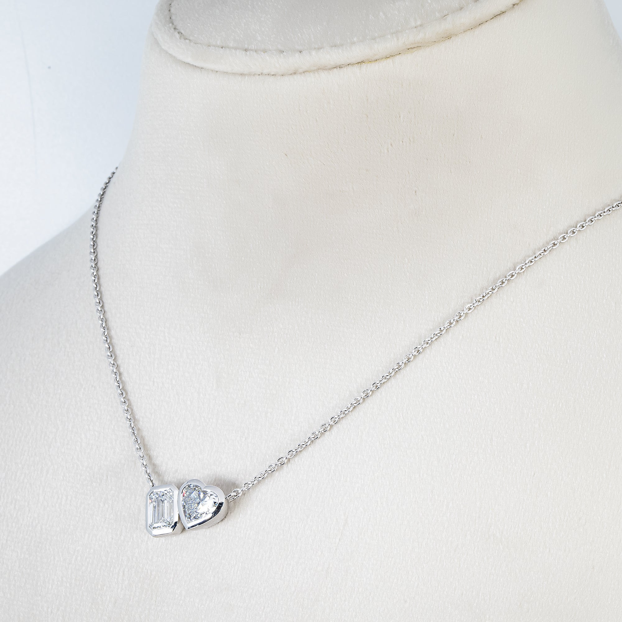 14K White Gold Heart & Emerald Cut Double Diamond Necklace 3.58Ctw Necklace