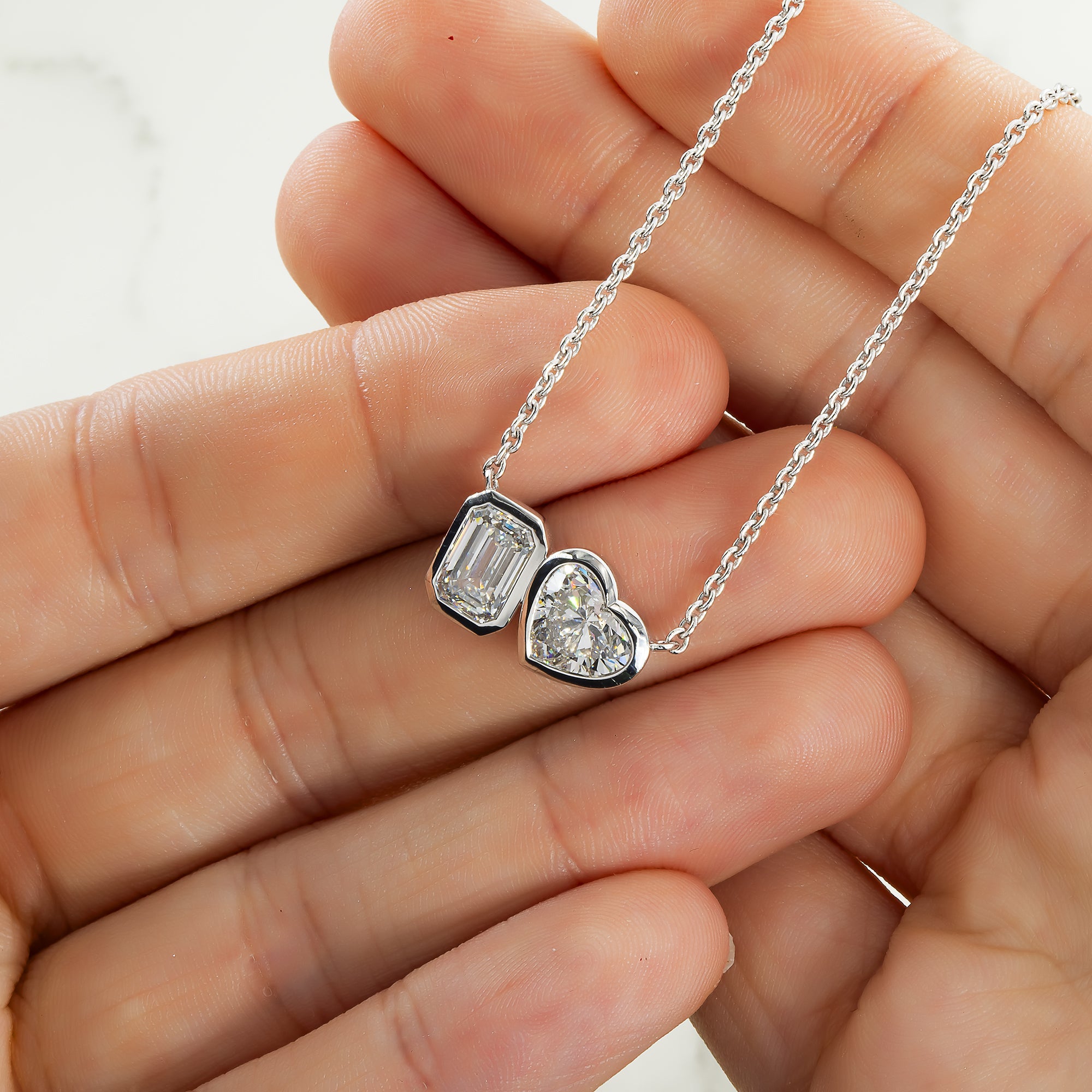 14K White Gold Heart & Emerald Cut Double Diamond Necklace 3.58Ctw Necklace