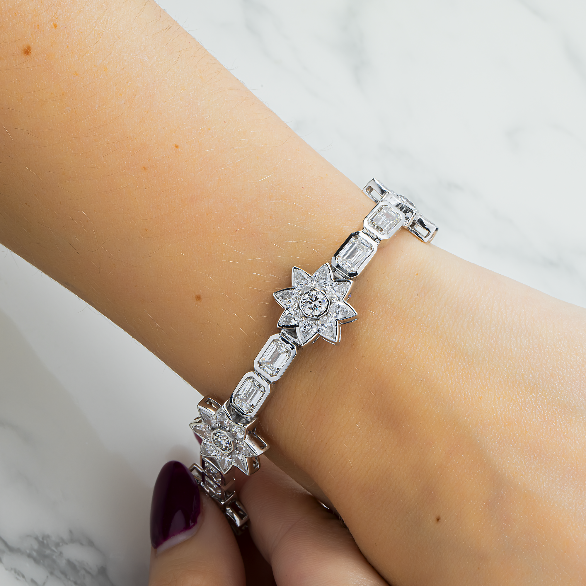14K White Gold Multi Shape Diamond Flower Bracelet 19.60ct