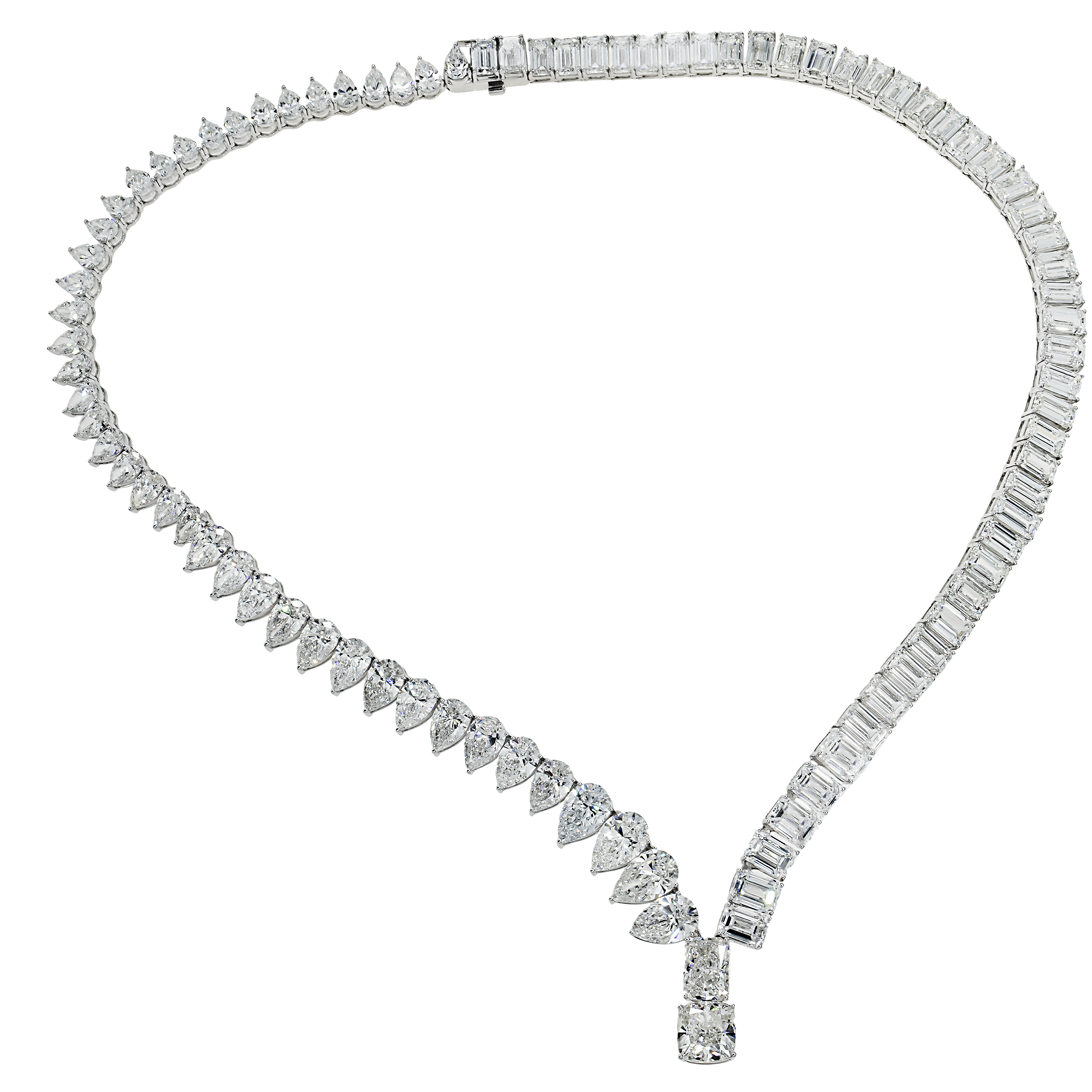 18K White Gold Pear & Emerald Cut Diamond Drop Necklace 62.37Ct Necklace
