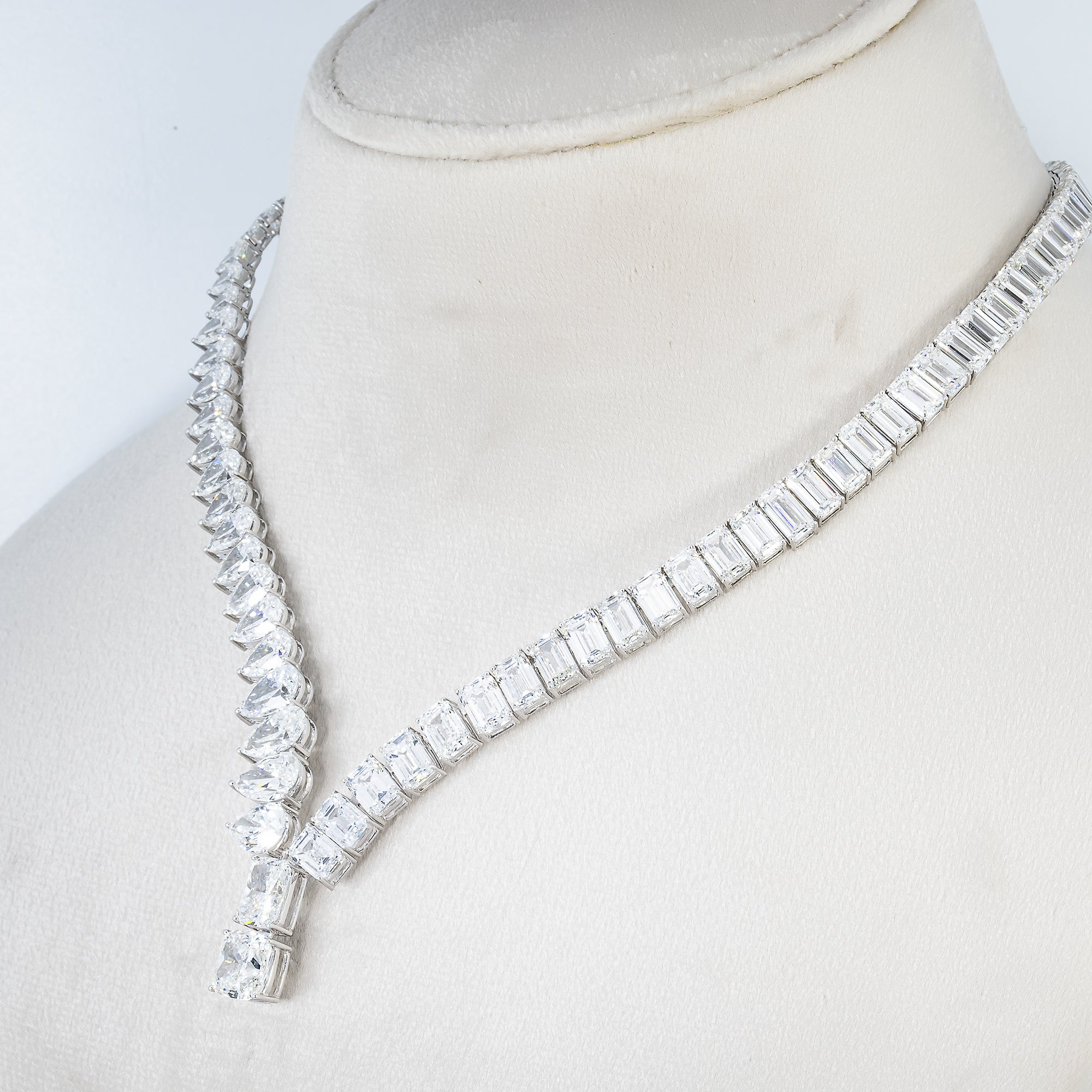 18K White Gold Pear & Emerald Cut Diamond Drop Necklace 62.37Ct Necklace