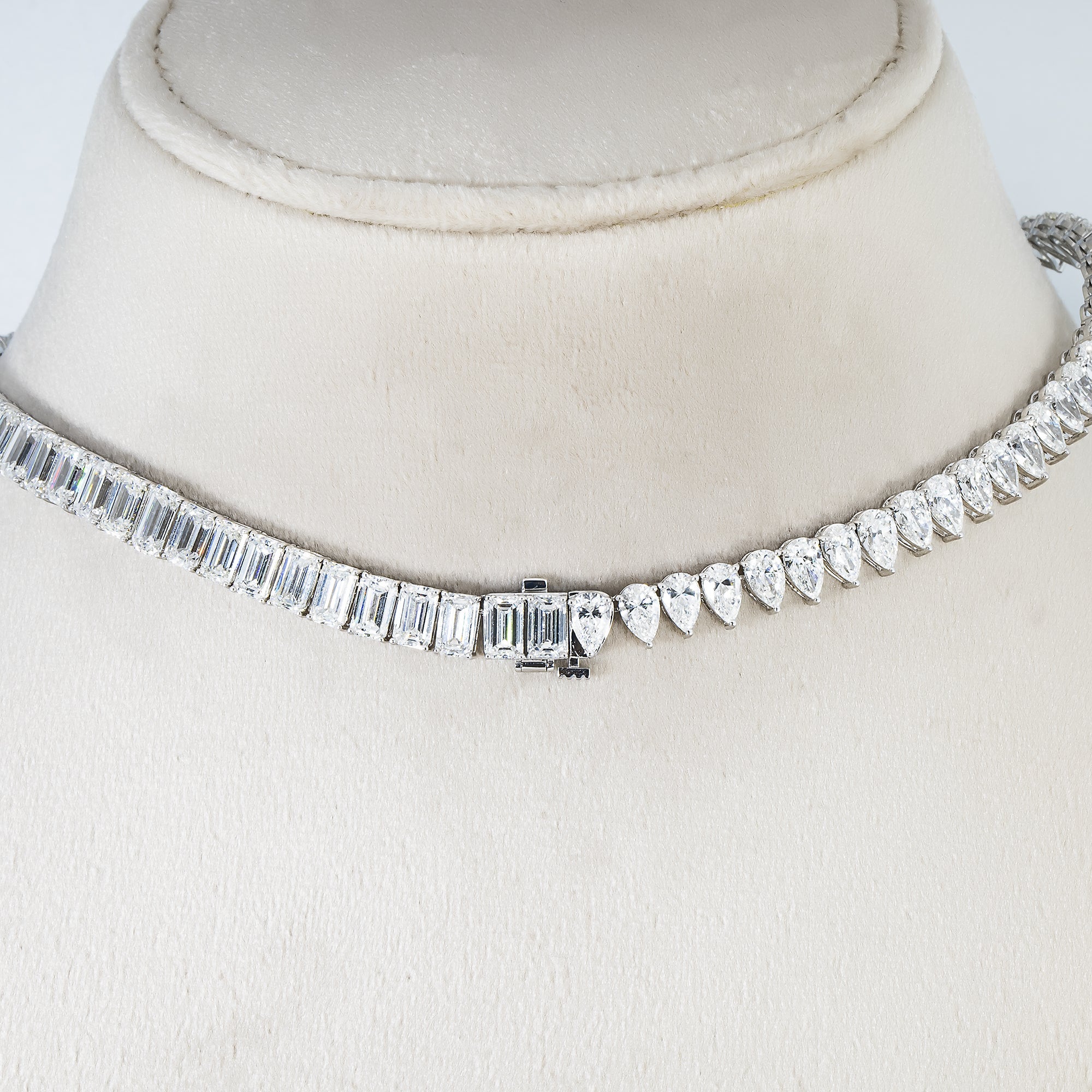 18K White Gold Pear & Emerald Cut Diamond Drop Necklace 62.37Ct Necklace