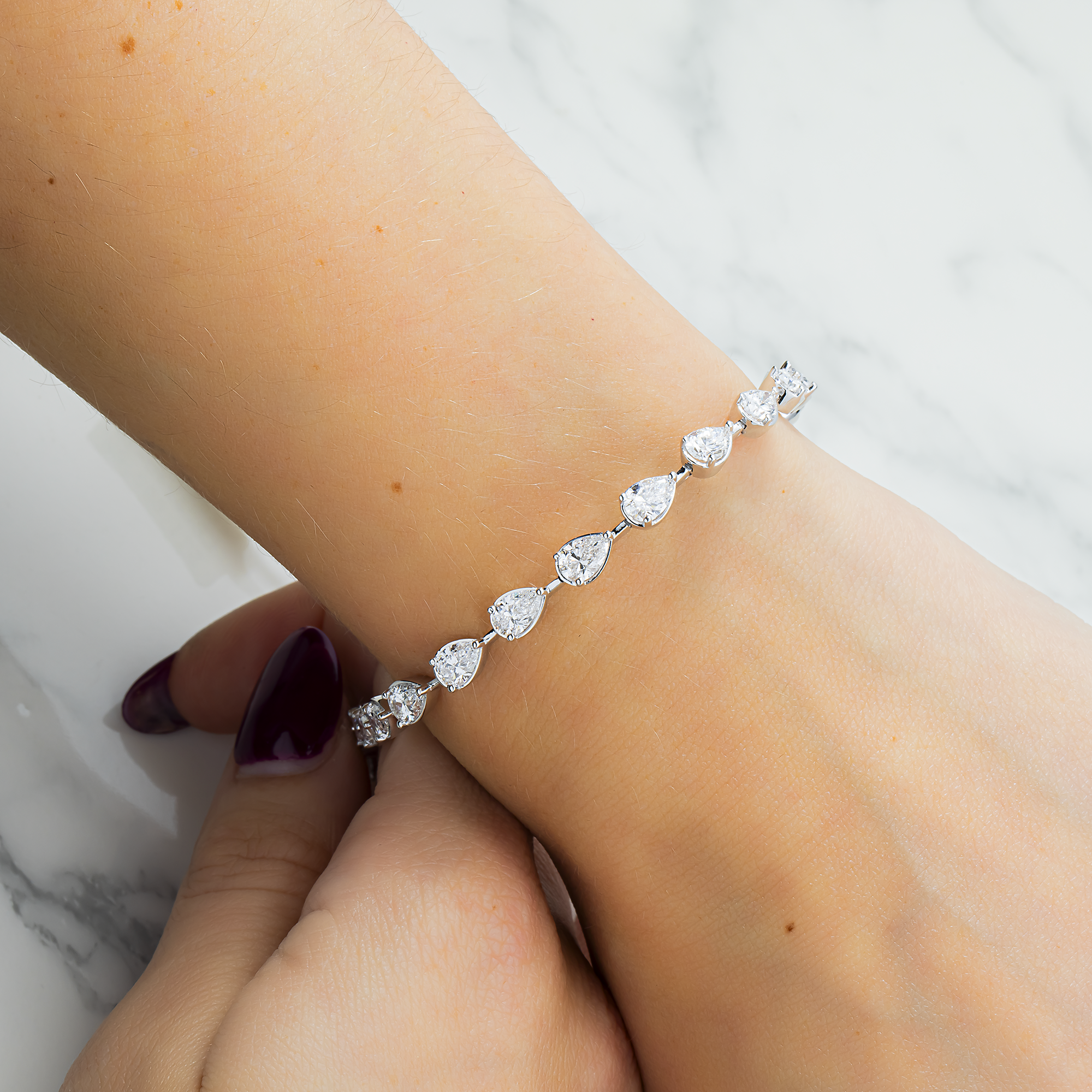 14K White Gold Bezel Set Pear Diamond Satellite Bracelet 6.84ct