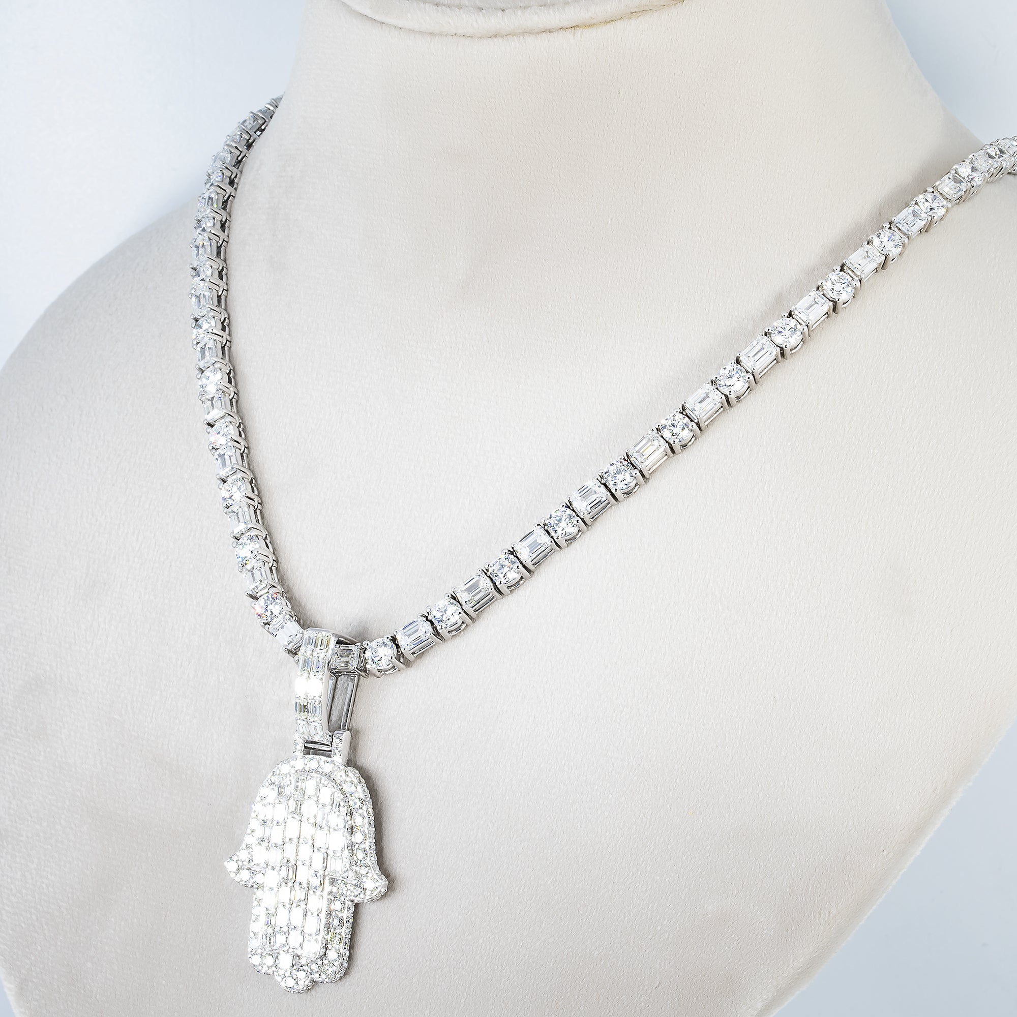 14K White Gold Round & Emerald Cut Diamond Tennis Chain 40.22Ct Chains