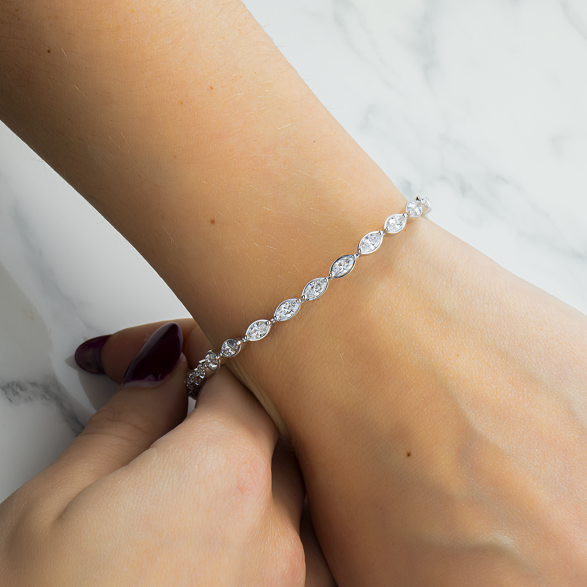 14K White Gold Bezel Set Marquise Diamond Satellite Bracelet 4.0ct