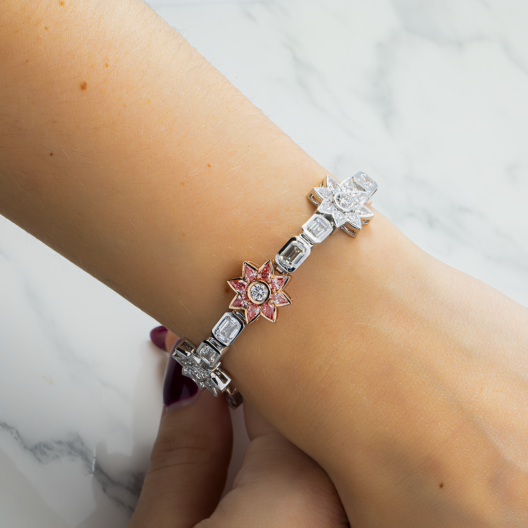 14K Two Tone Multi Shape Fancy Pink & White Diamond Flower Bracelet 15.10ctw