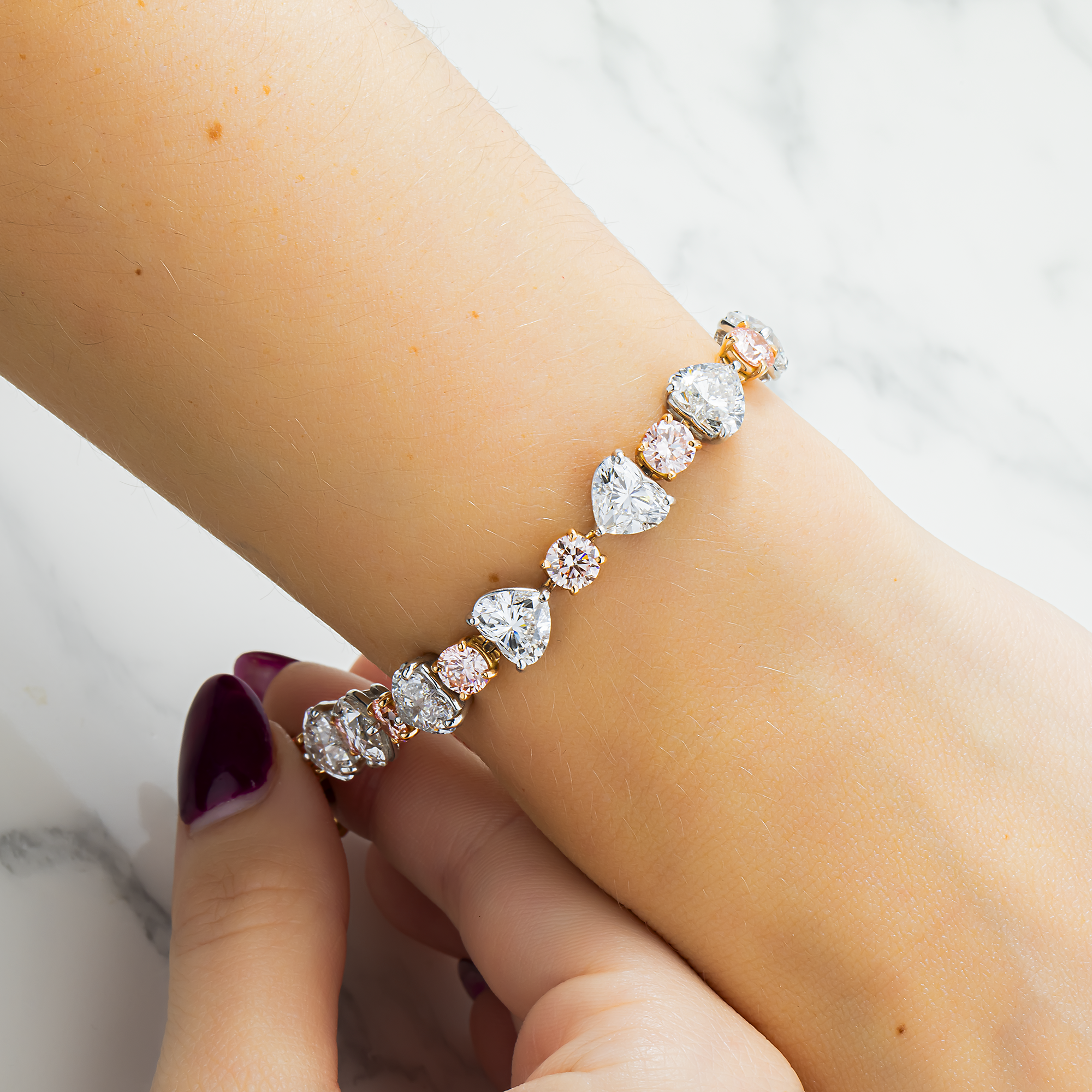 IGI Platinum & 18K Gold Round Fancy Pink & Heart White Diamond Satellite Bracelet 26.55ctw
