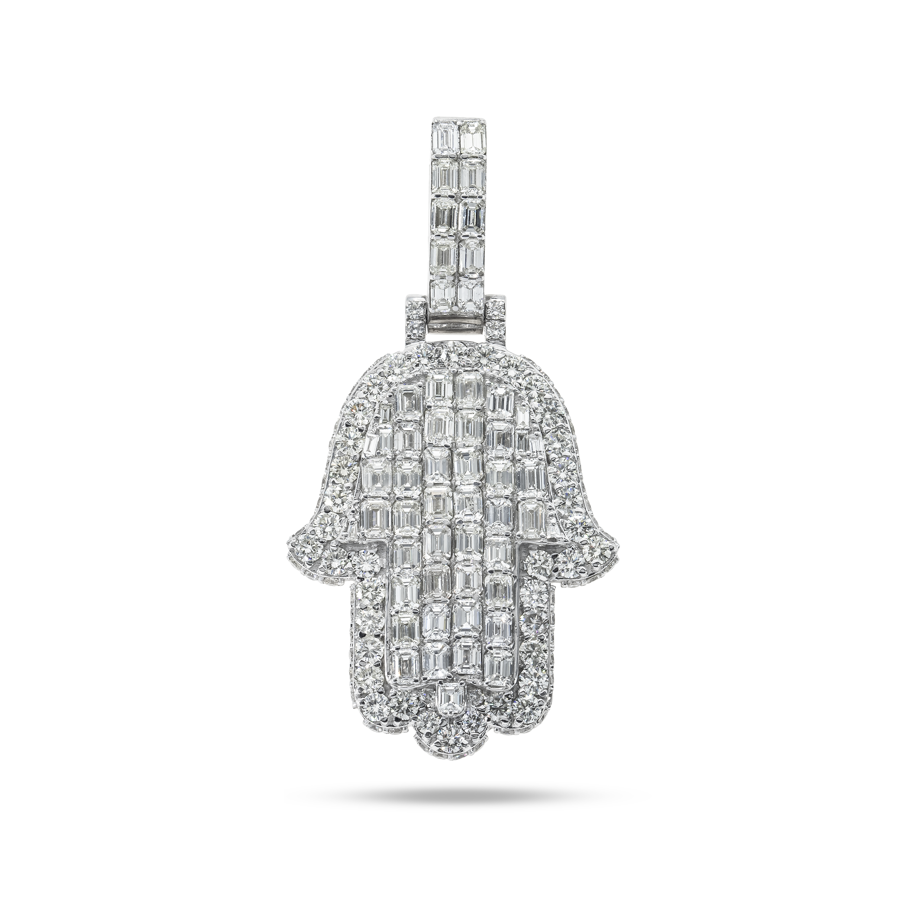 14K White Gold Emerald & Round Cut Diamond Hamsa Hand Pendant 8.91Ct