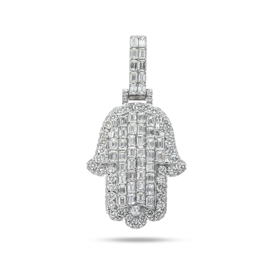 14K White Gold Emerald & Round Cut Diamond Hamsa Hand Pendant 8.91ct