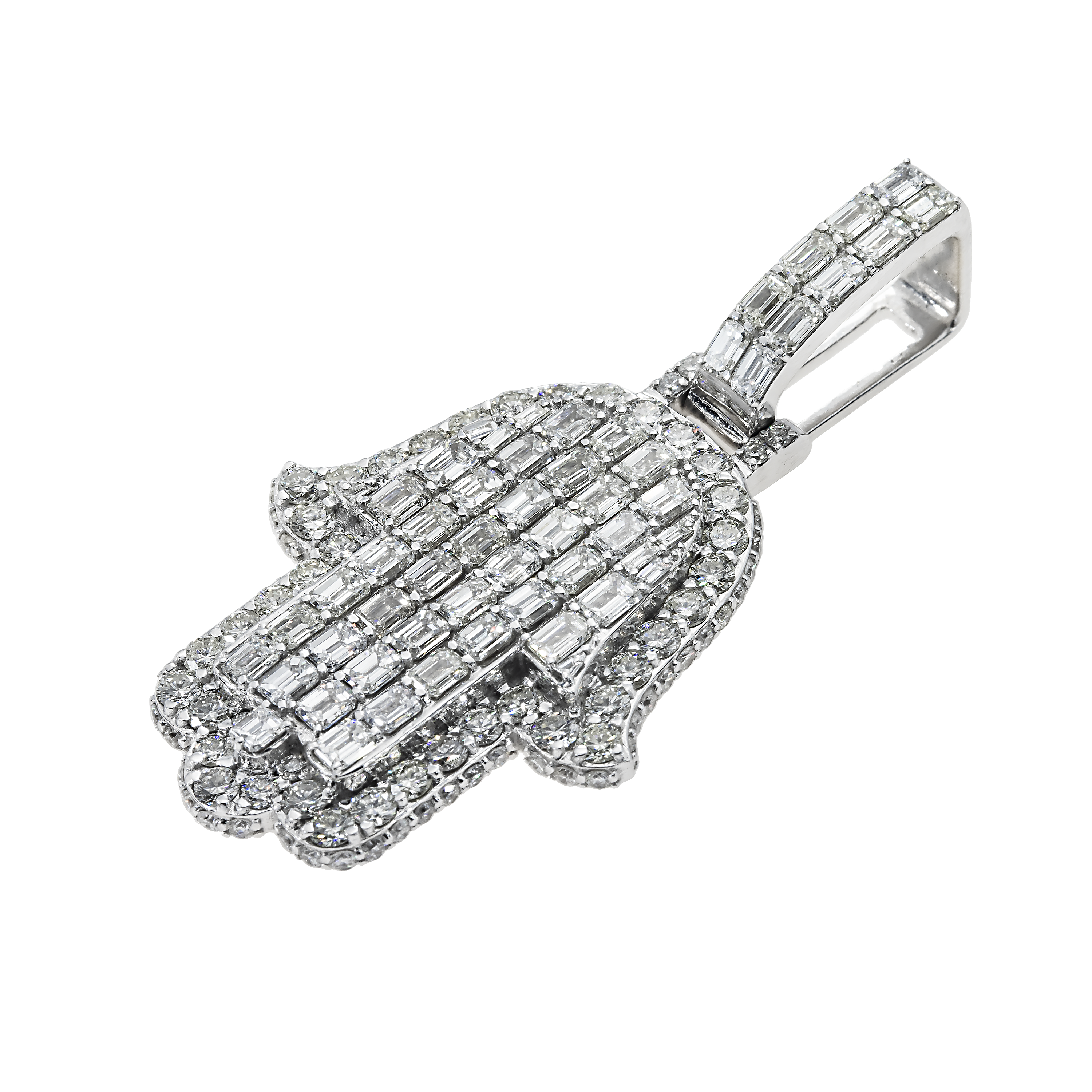 14K White Gold Emerald & Round Cut Diamond Hamsa Hand Pendant 8.91Ct