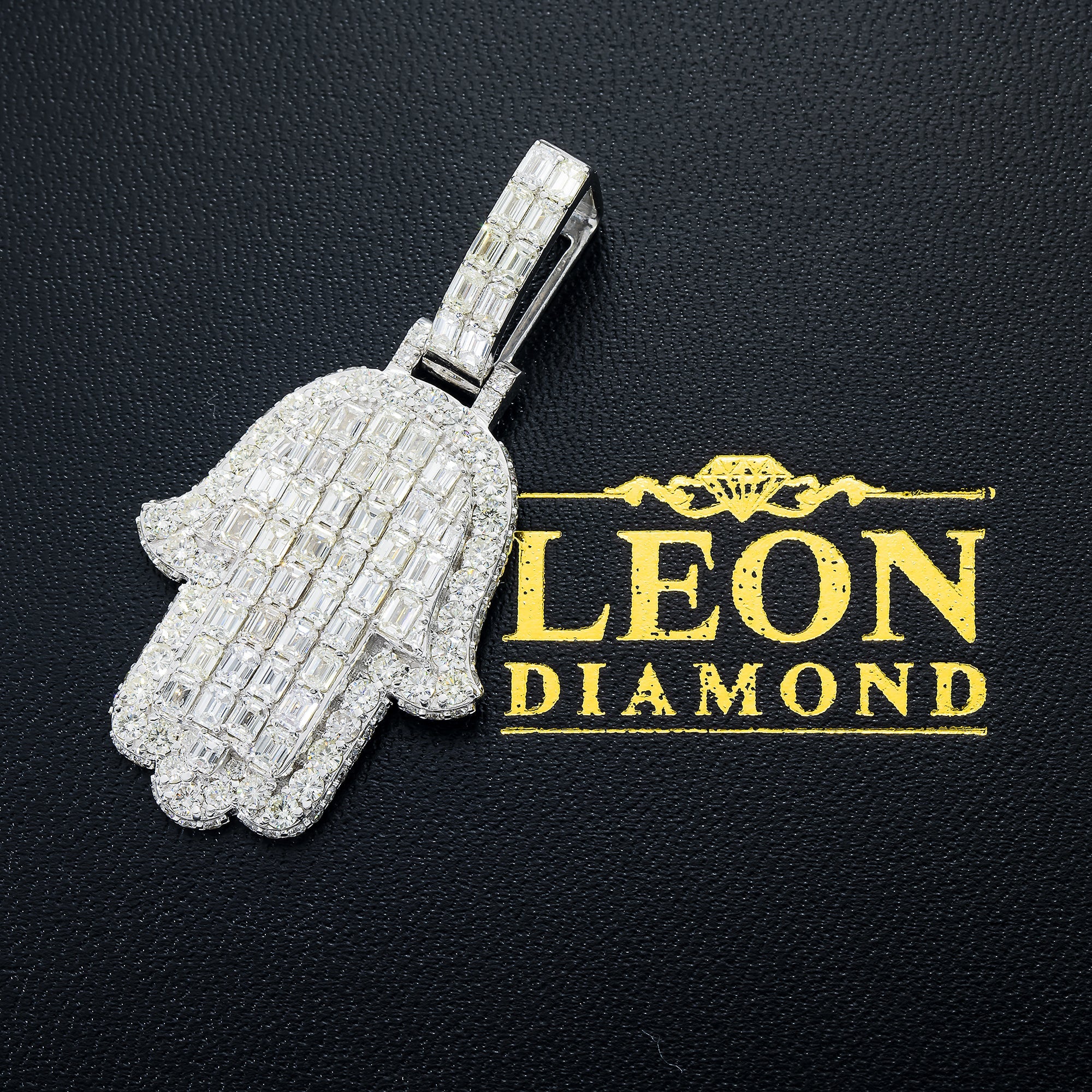 14K White Gold Emerald & Round Cut Diamond Hamsa Hand Pendant 8.91Ct