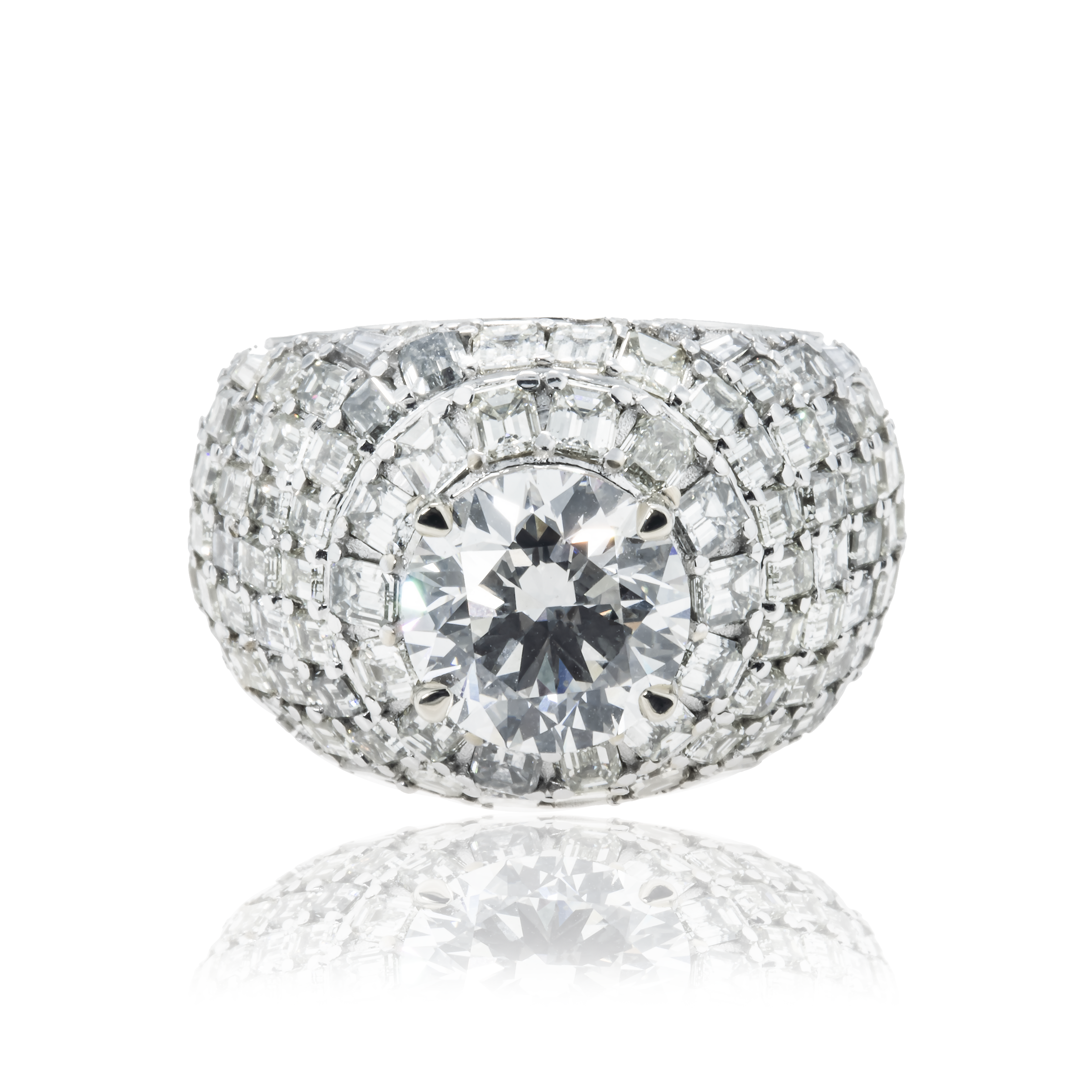 14K White Gold 4.01Ct Round & Baguette Diamond Chandelier Ring 16.26Ctw Bridal