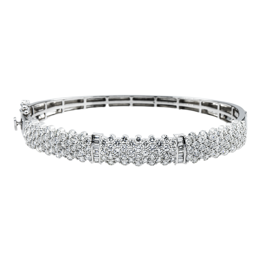 14K White Gold 4 Row Pave Set Round Diamond Bangle Bracelet 4.0ct
