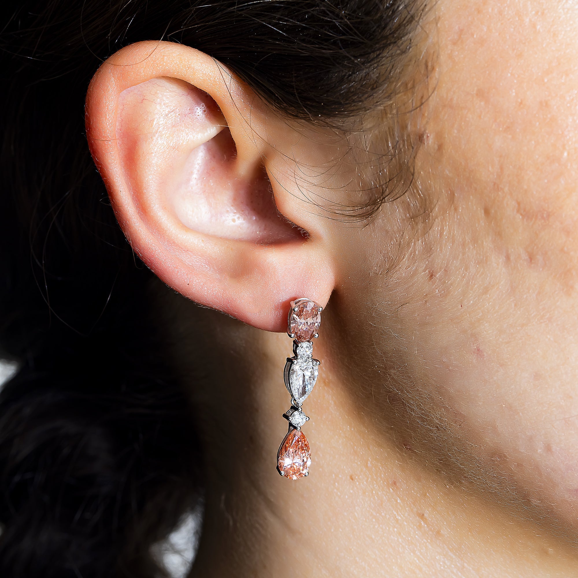 18K White Gold Three Teir Pink Diamond Drop Earrings 7.43Ctw