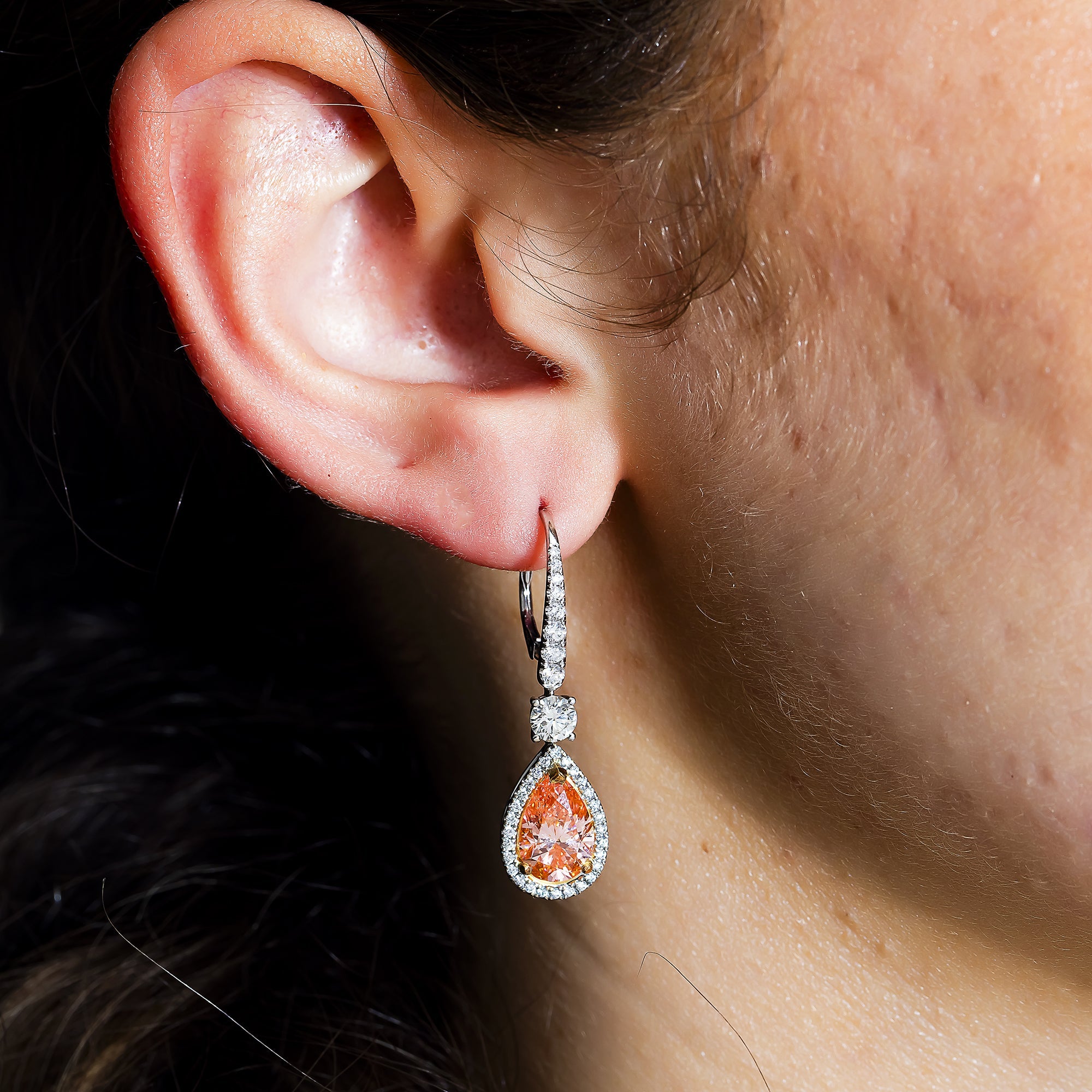 18K Two Tone Pear Cut Pink Vivid Diamond Drop Earrings 5.47Ctw