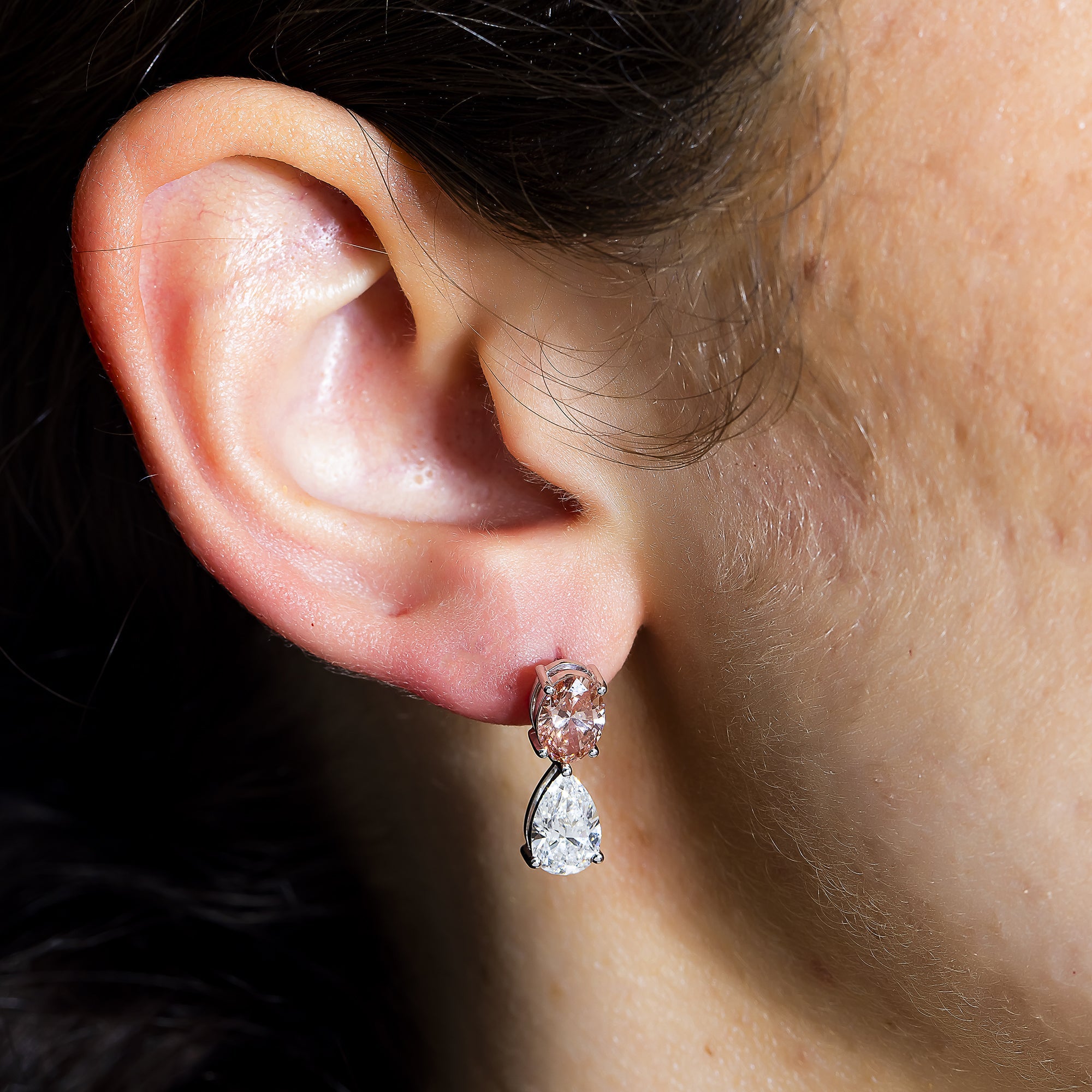 18K White Gold Pear & Oval Cut Pink Vivid Diamond Drop Earrings 4.69Ctw