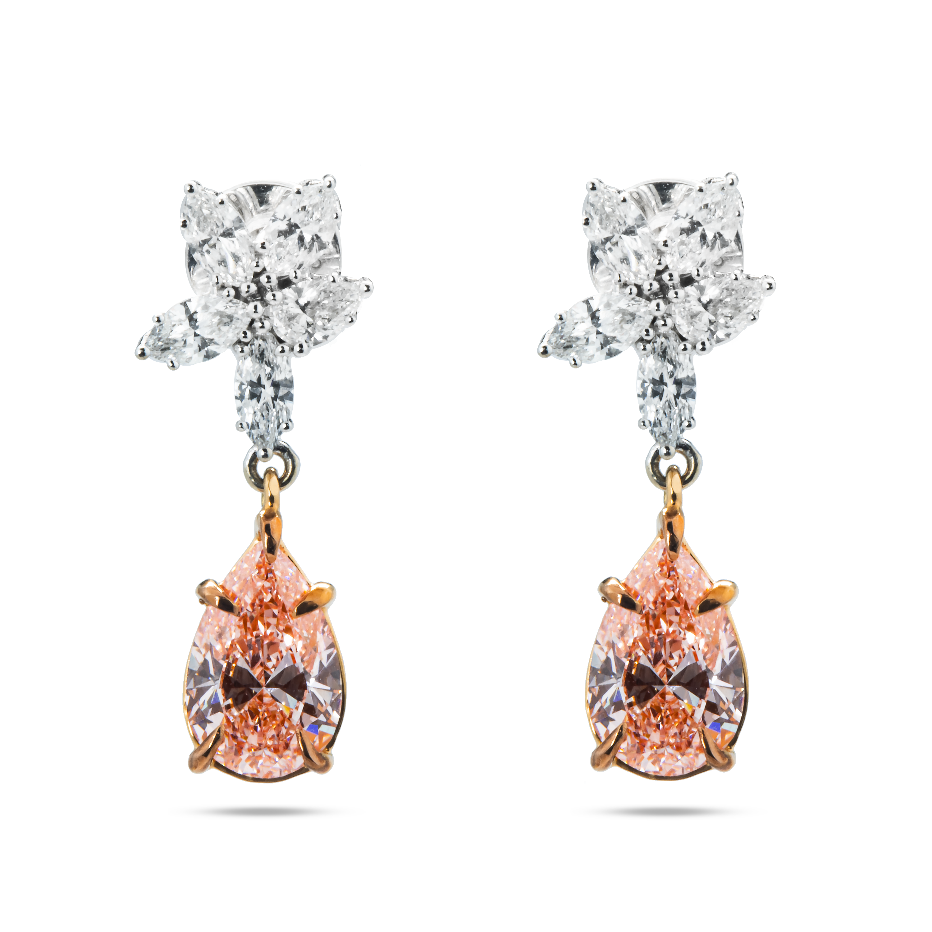 18K White Gold Pear Cut Pink Vivid Diamond Mini Flower Drop Earrings 4.17Ctw Bridal