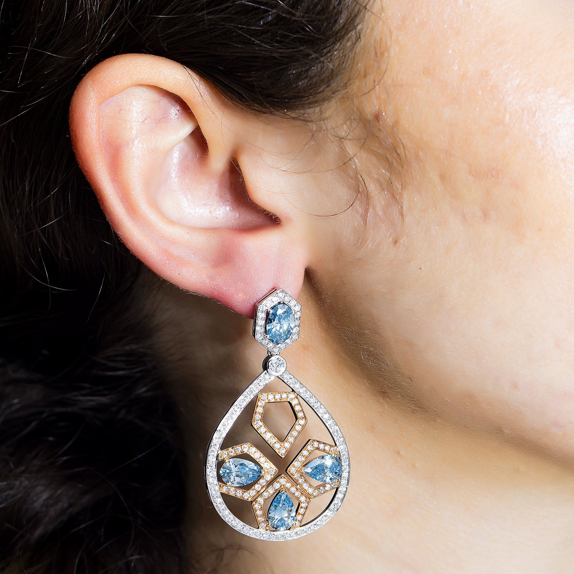 18K Two Tone Blue Diamond Geometric Drop Earrings 11.71Ctw