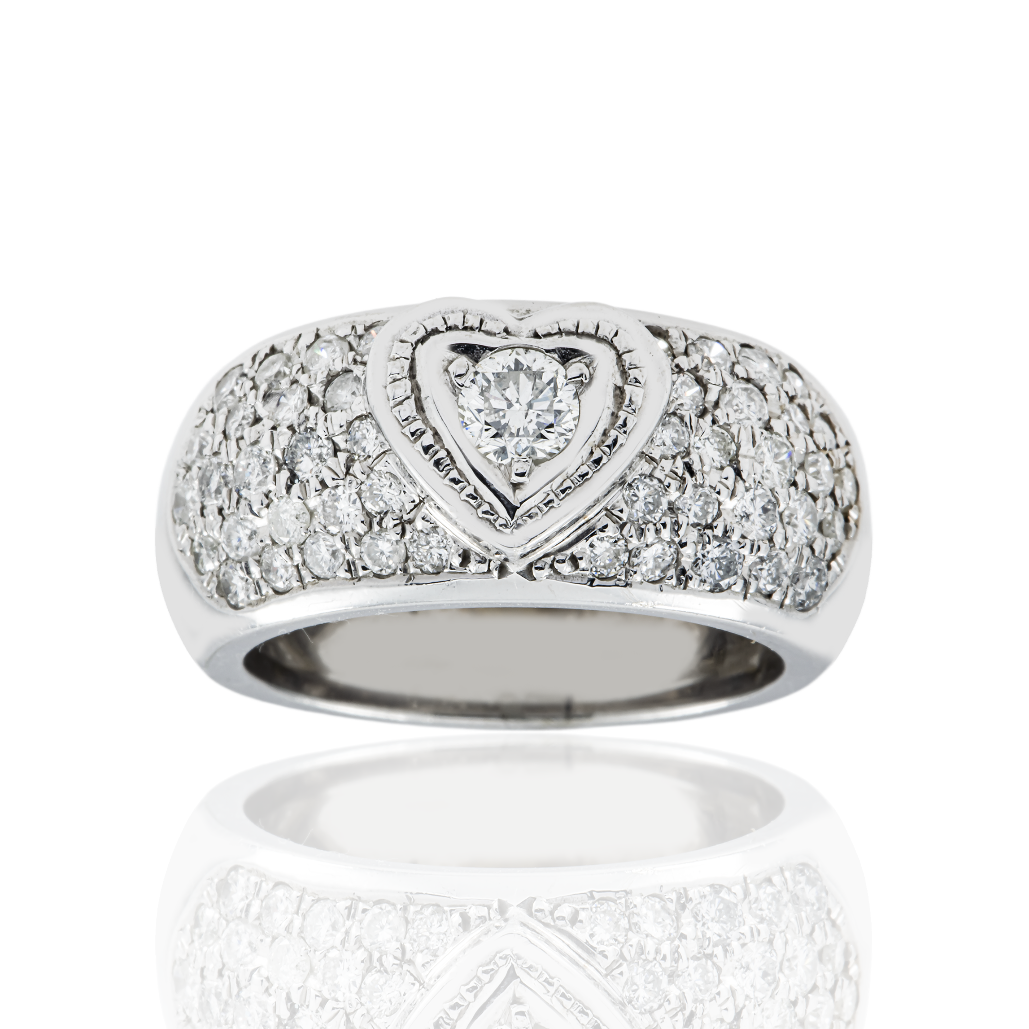 14K White Gold 5 Row Pave Set Heart Shaped Diamond Round Ring 1.14ct
